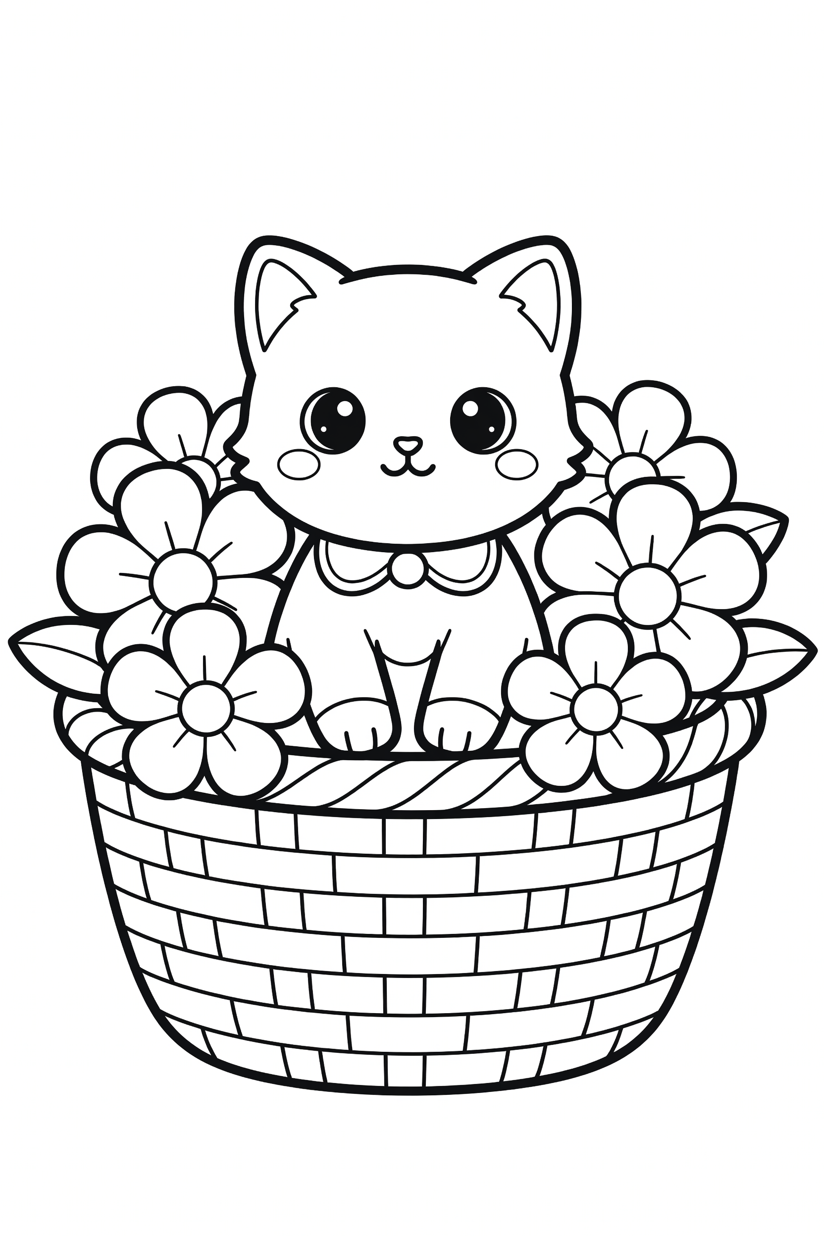 Cute Kitten Sitting in a Flower Basket Coloring Page printable coloring page for kids