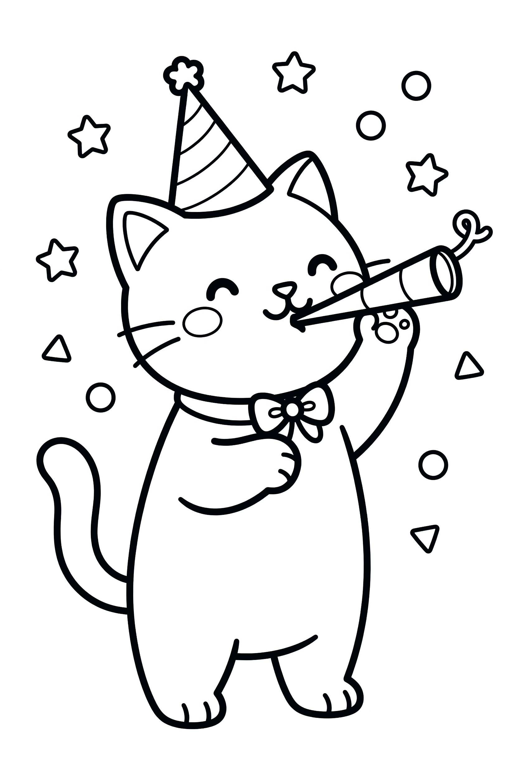 Cat Wearing a Party Hat Blowing a Noisemaker Coloring Page printable coloring page for kids