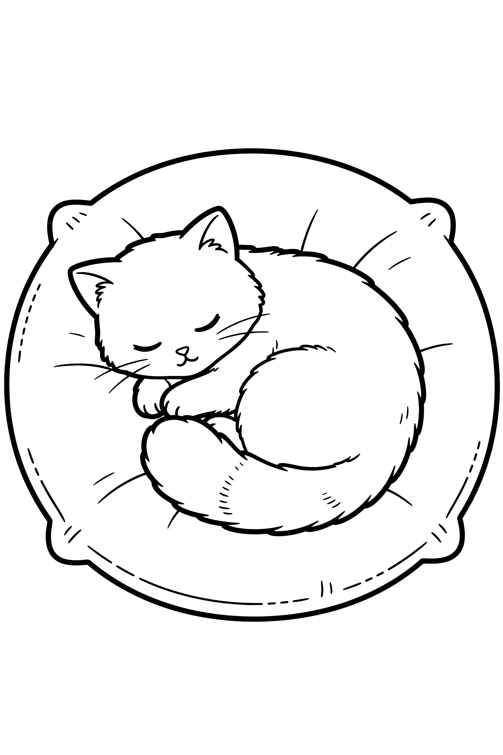 Sleepy Cat Curled Up on a Cozy Pillow Coloring Page printable coloring page for kids