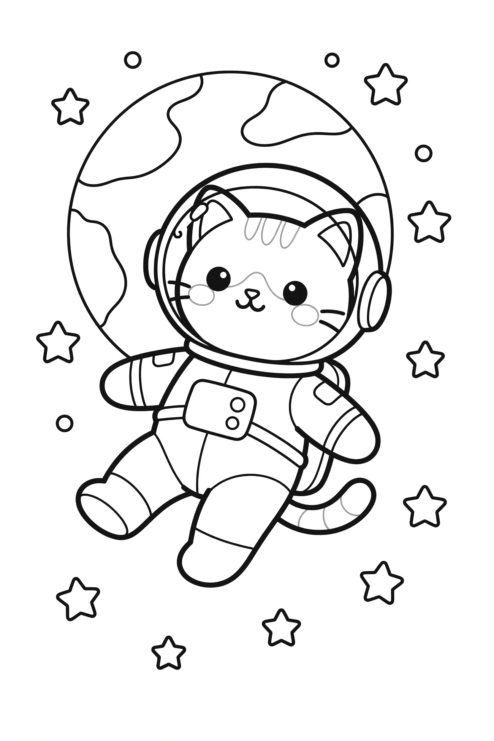 Cat Astronaut Floating in Outer Space Coloring Page printable coloring page for kids