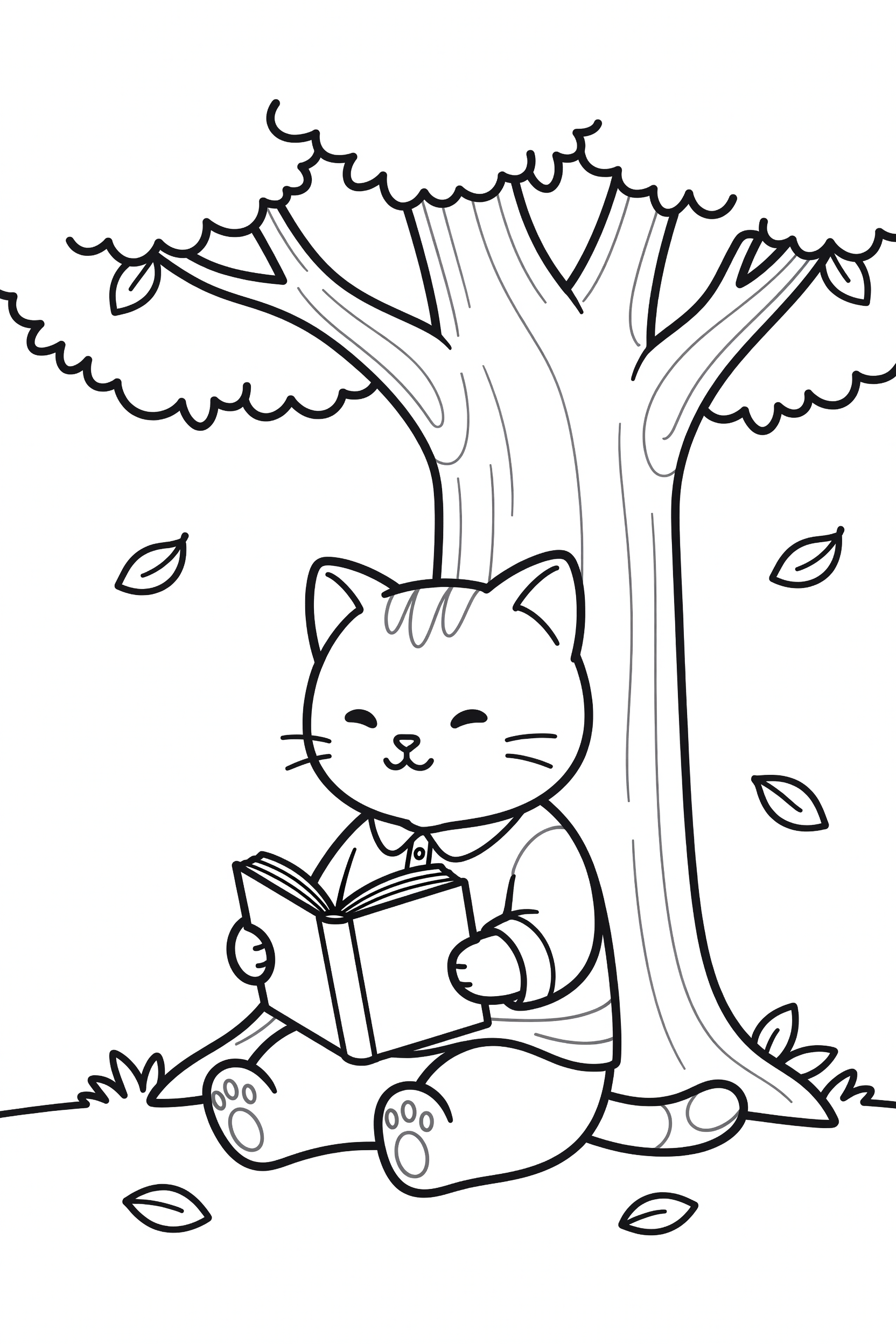 Cat Reading a Book Under a Tree Coloring Page printable coloring page for kids