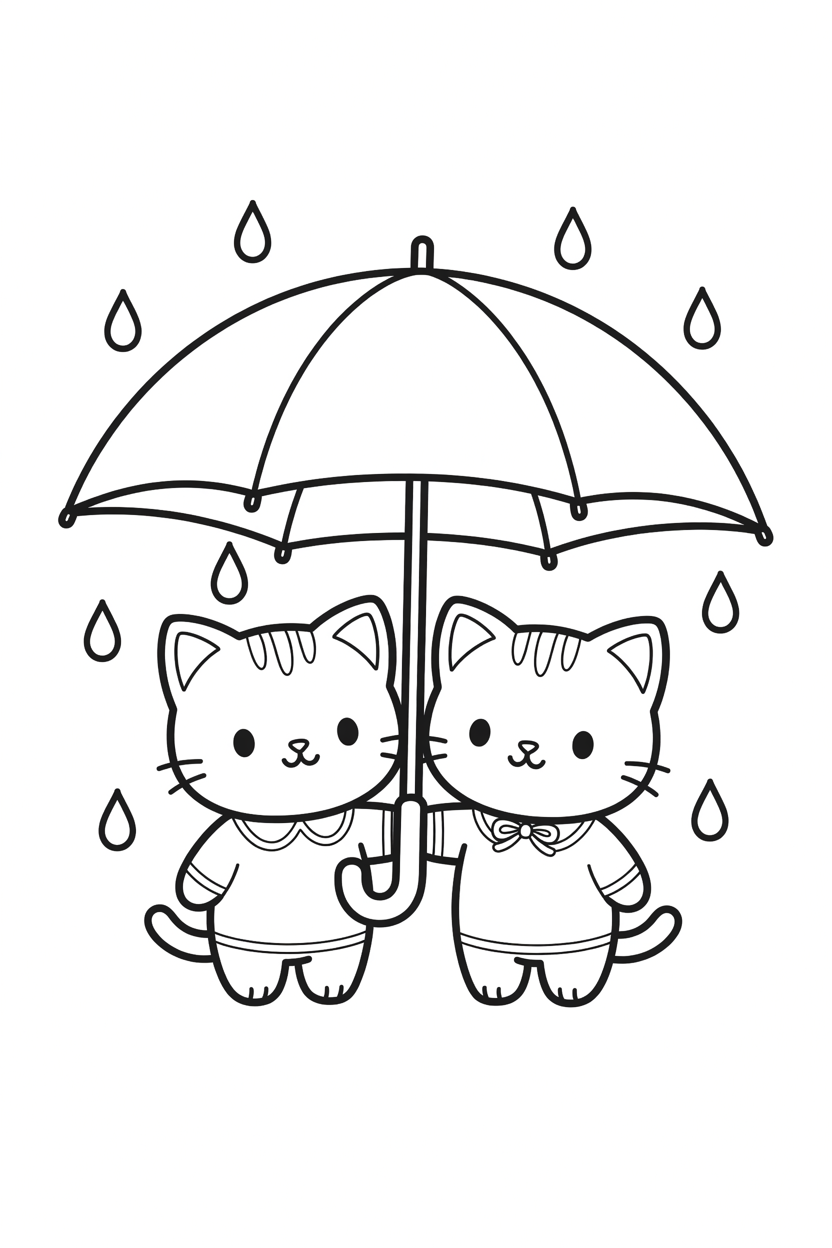 Two Kittens Sharing an Umbrella in the Rain Coloring Page printable coloring page for kids