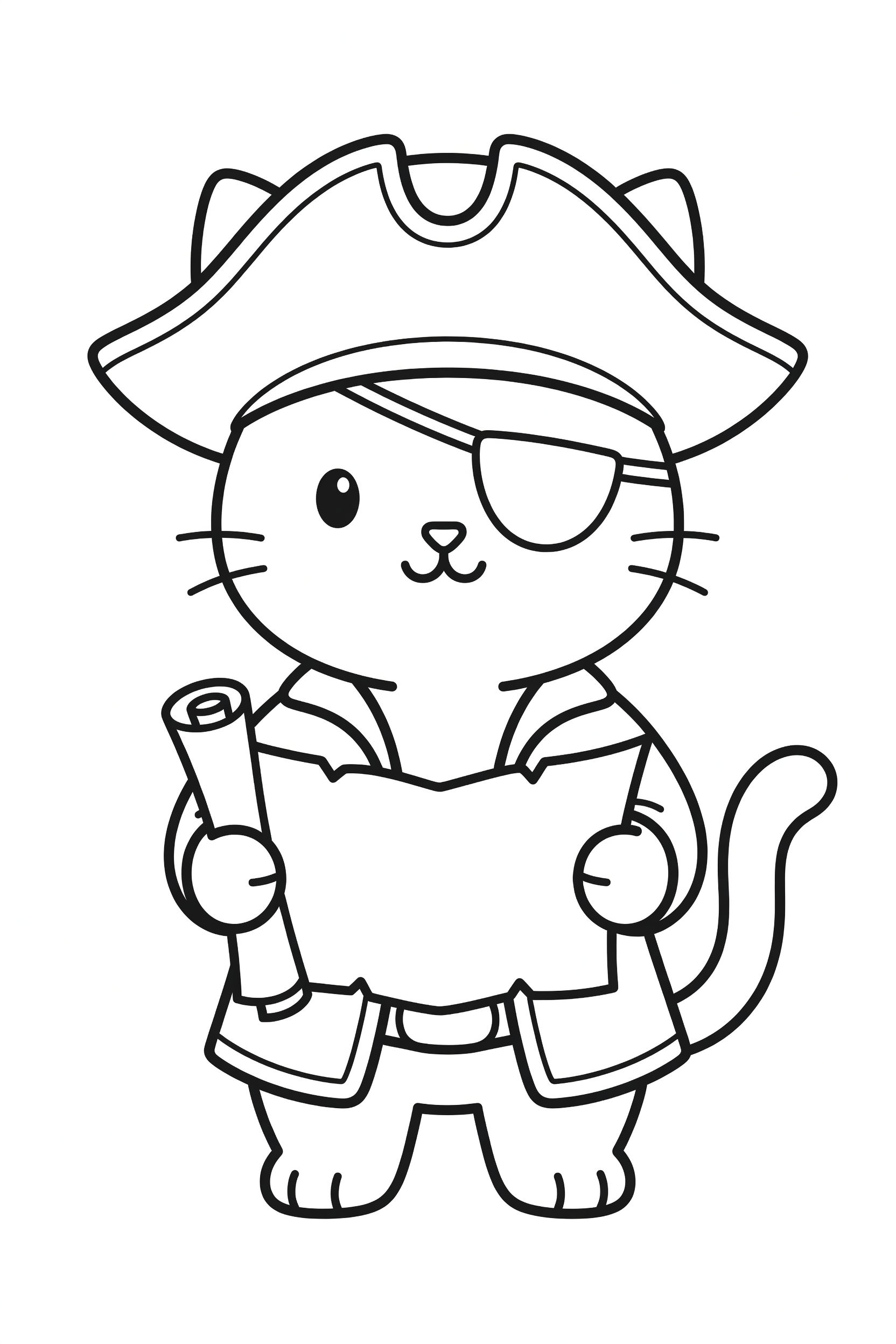 Cat Dressed as a Pirate Holding a Treasure Map Coloring Page printable coloring page for kids