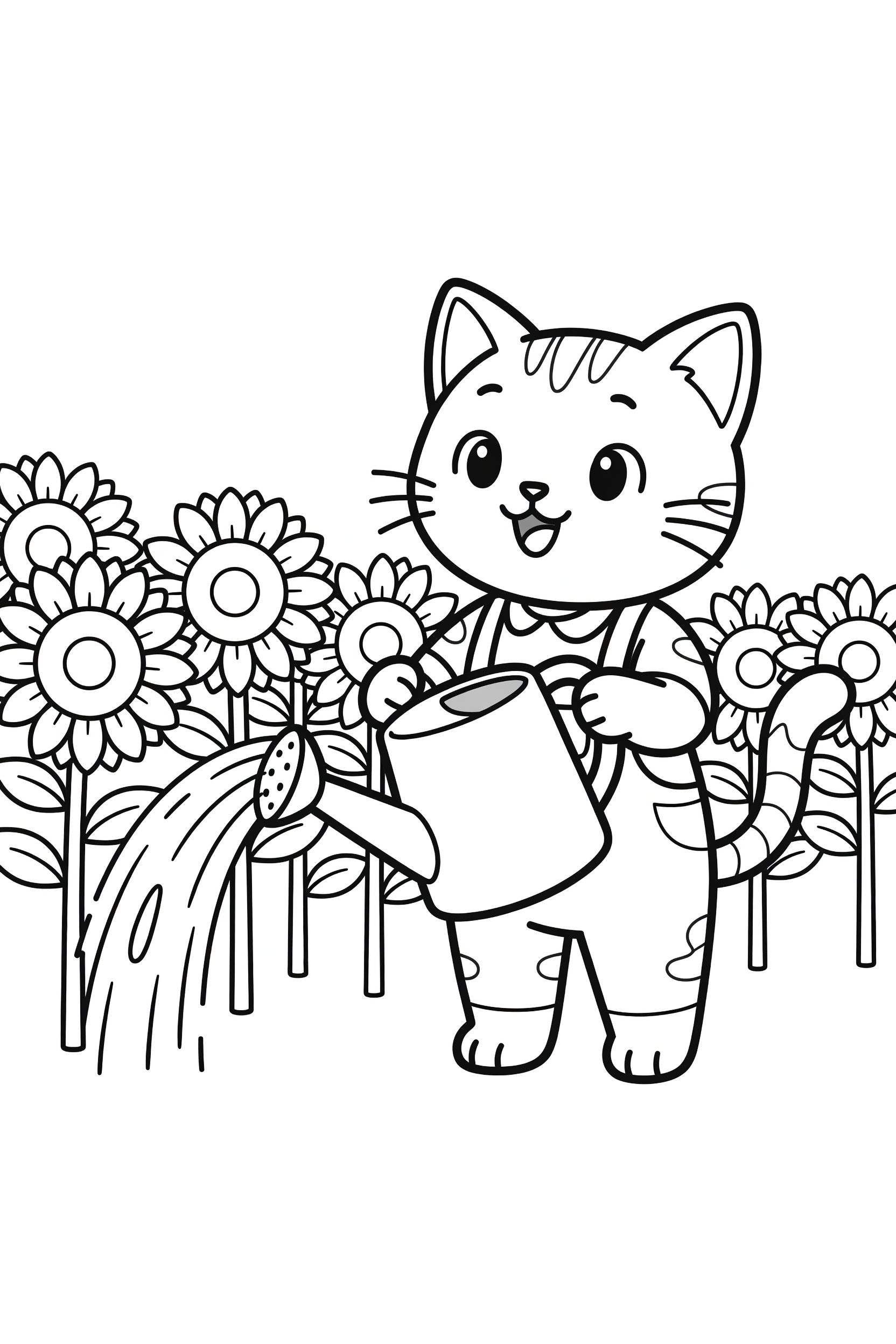 Cat Watering a Garden of Sunflowers Coloring Page printable coloring page for kids