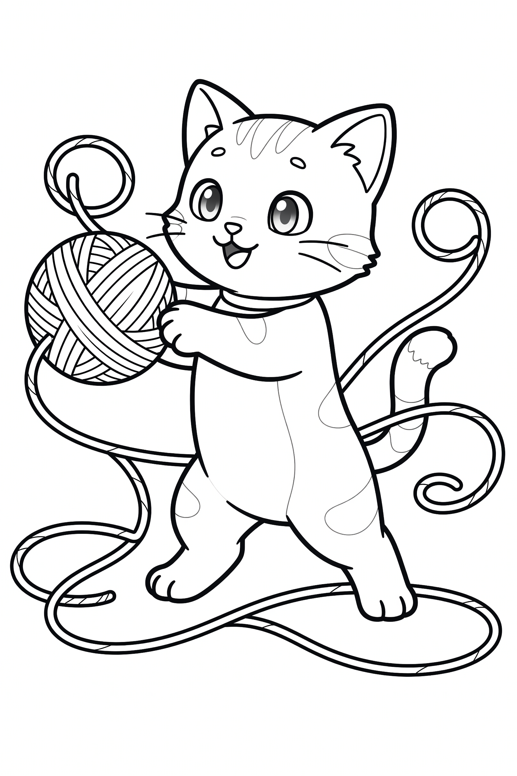 Cat Playing with a Ball of Yarn on the Floor Coloring Page printable coloring page for kids