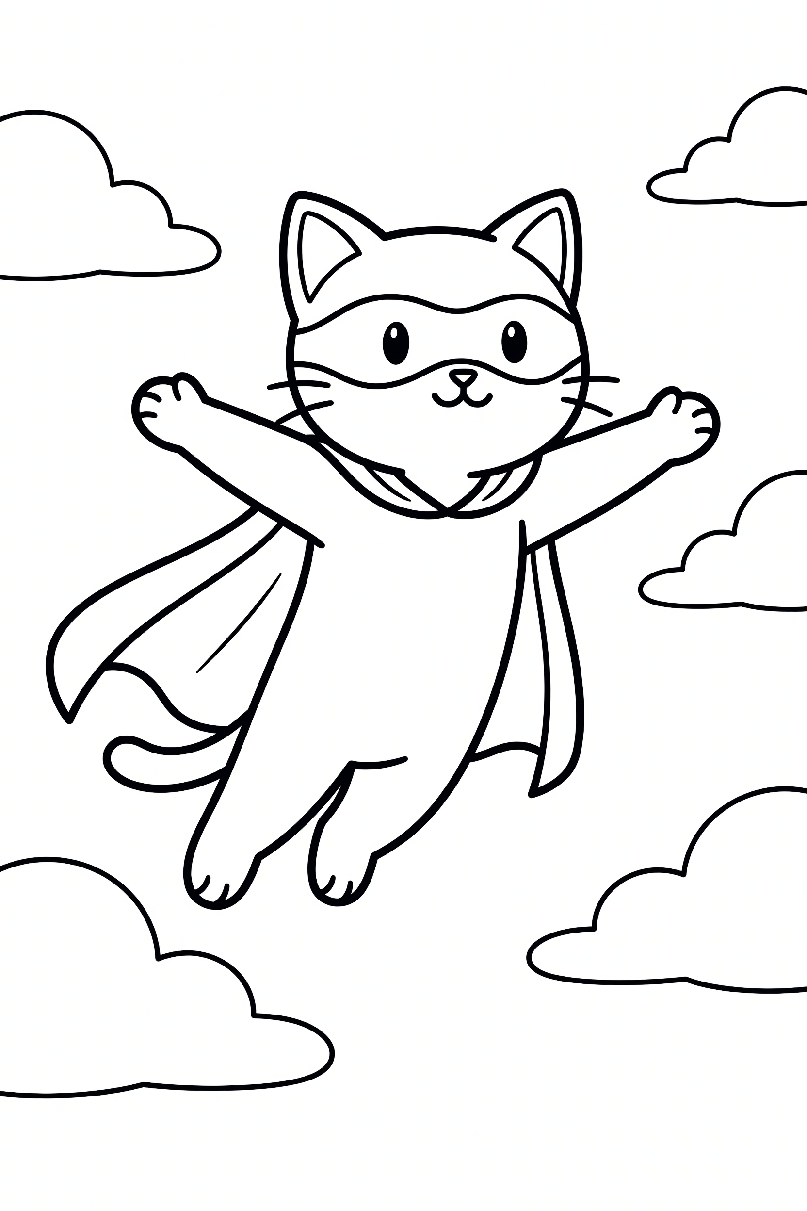 Cat Dressed as a Superhero Flying Through the Sky Coloring Page printable coloring page for kids