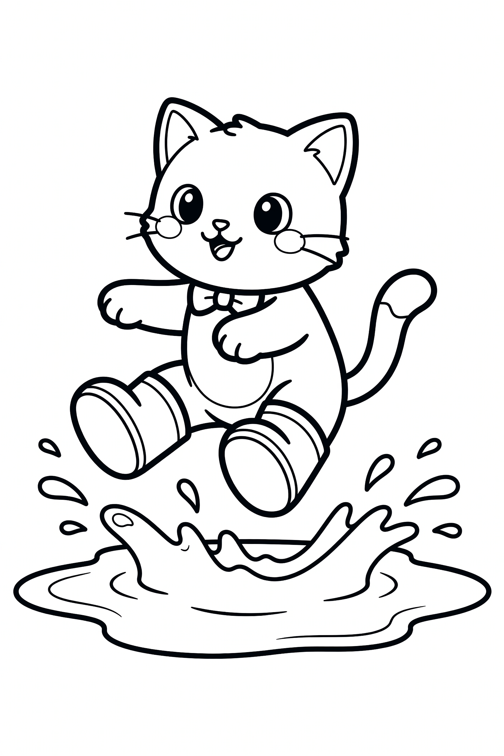 Cat Wearing Rainboots Jumping in a Puddle Coloring Page printable coloring page for kids