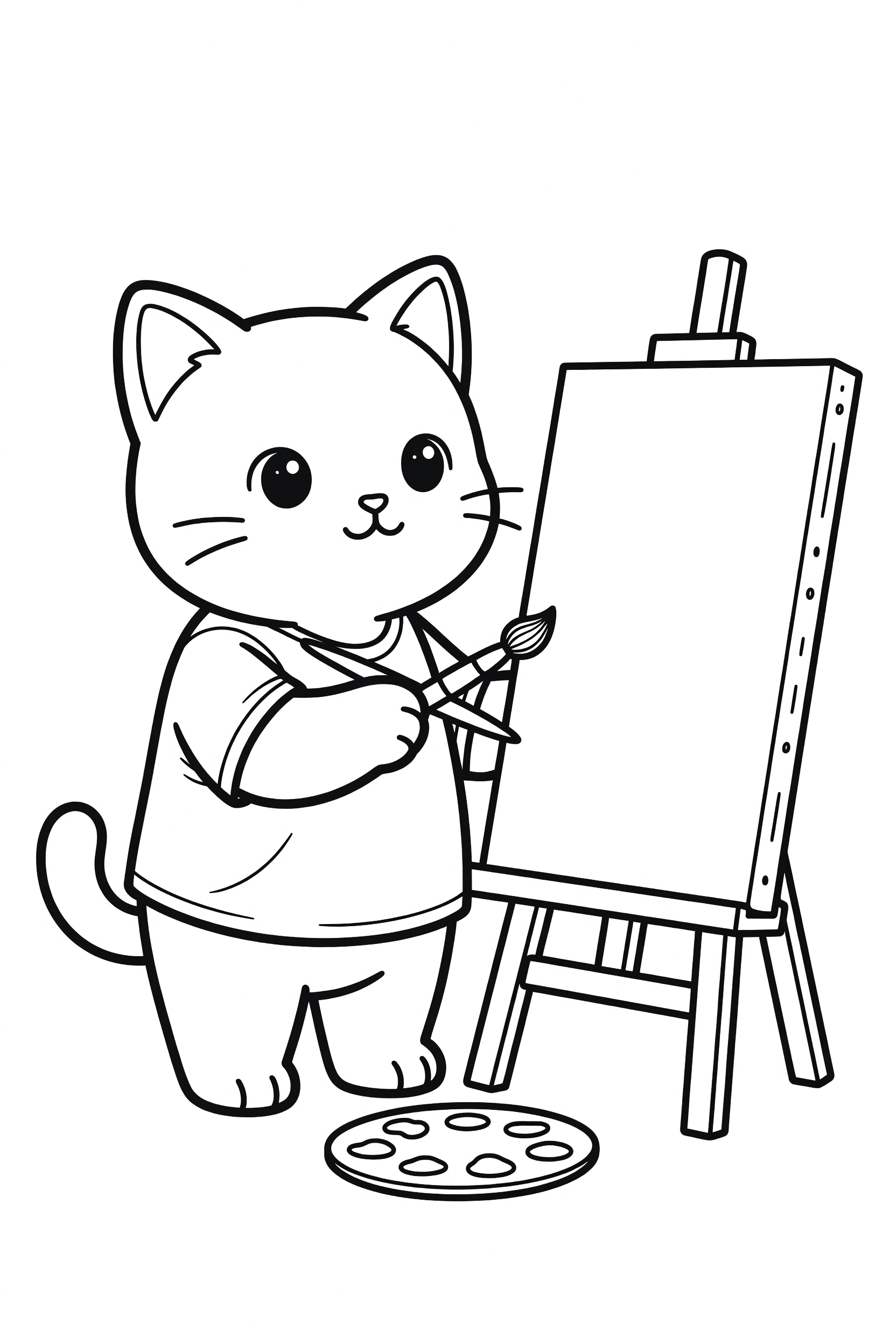 Cat Painting on a Canvas with a Brush Coloring Page printable coloring page for kids