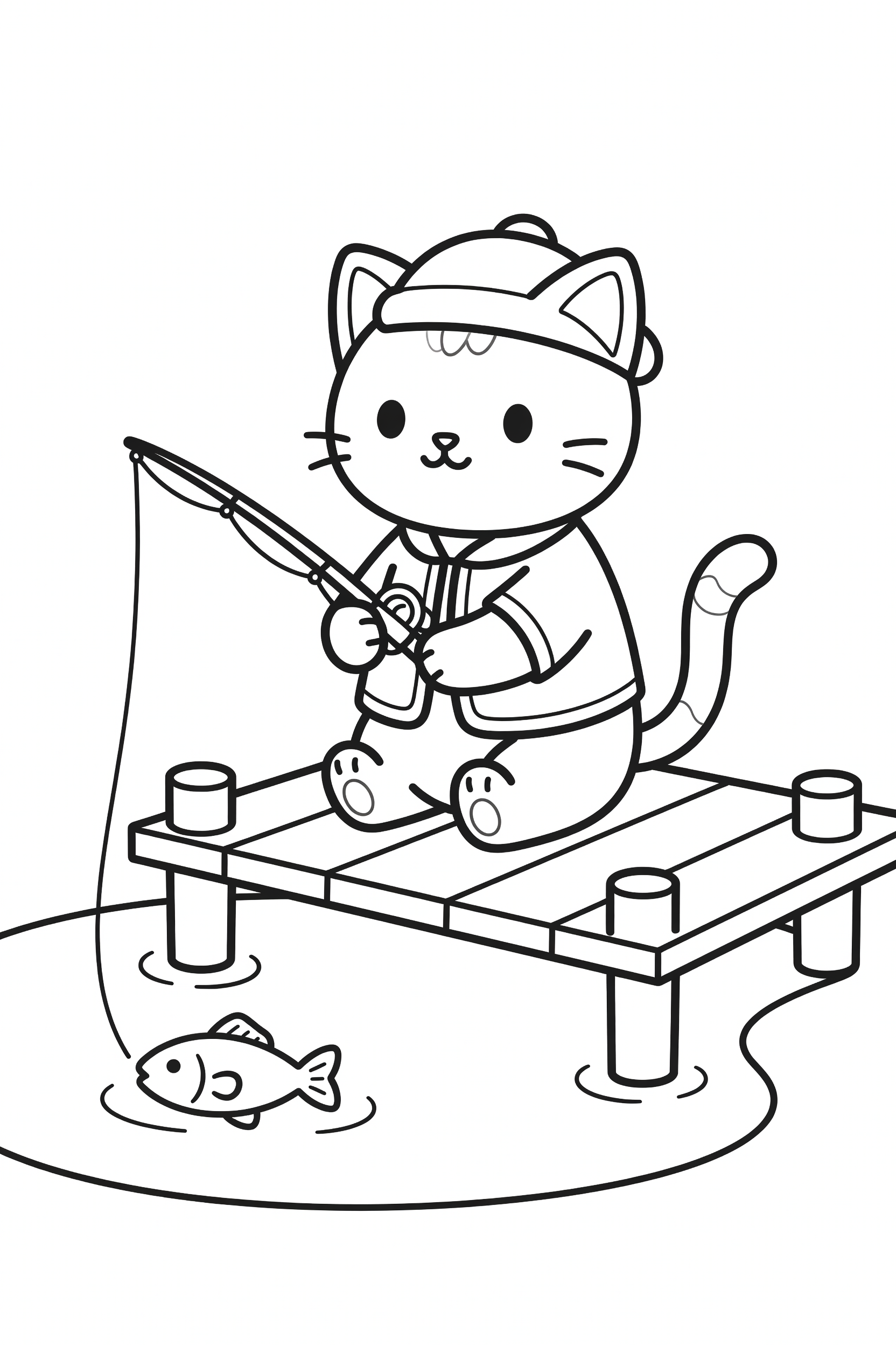 Cat Fishing at a Pond on a Sunny Day Coloring Page printable coloring page for kids