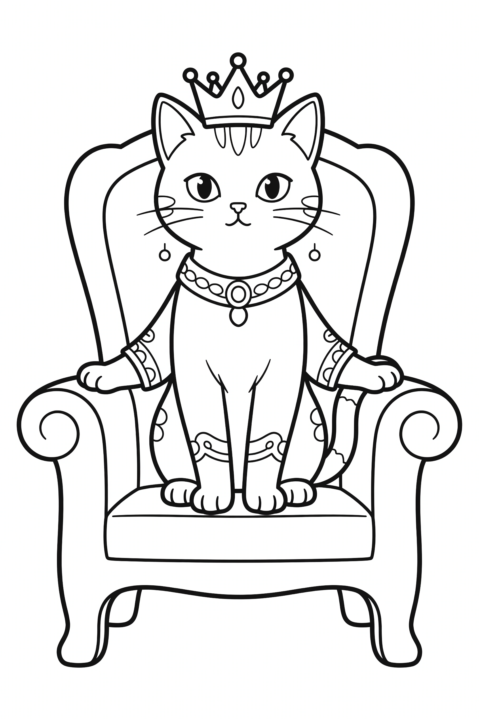 Cat Wearing a Crown Sitting on a Throne Coloring Page printable coloring page for kids