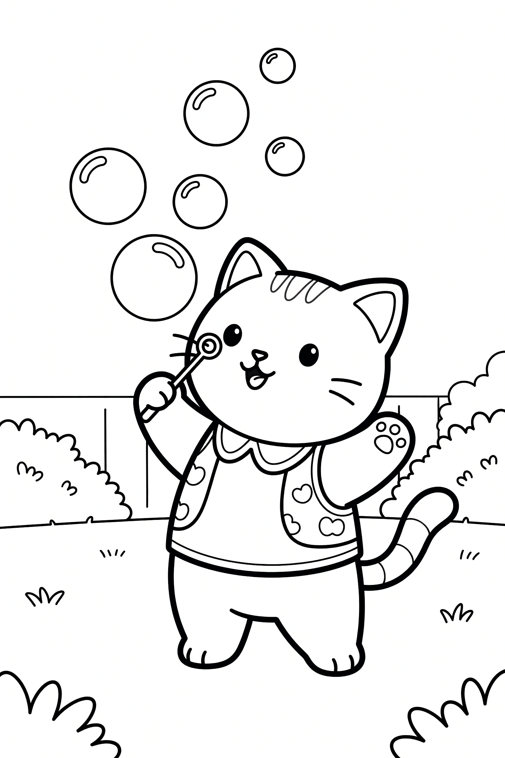 Cat Blowing Bubbles in the Backyard Coloring Page printable coloring page for kids