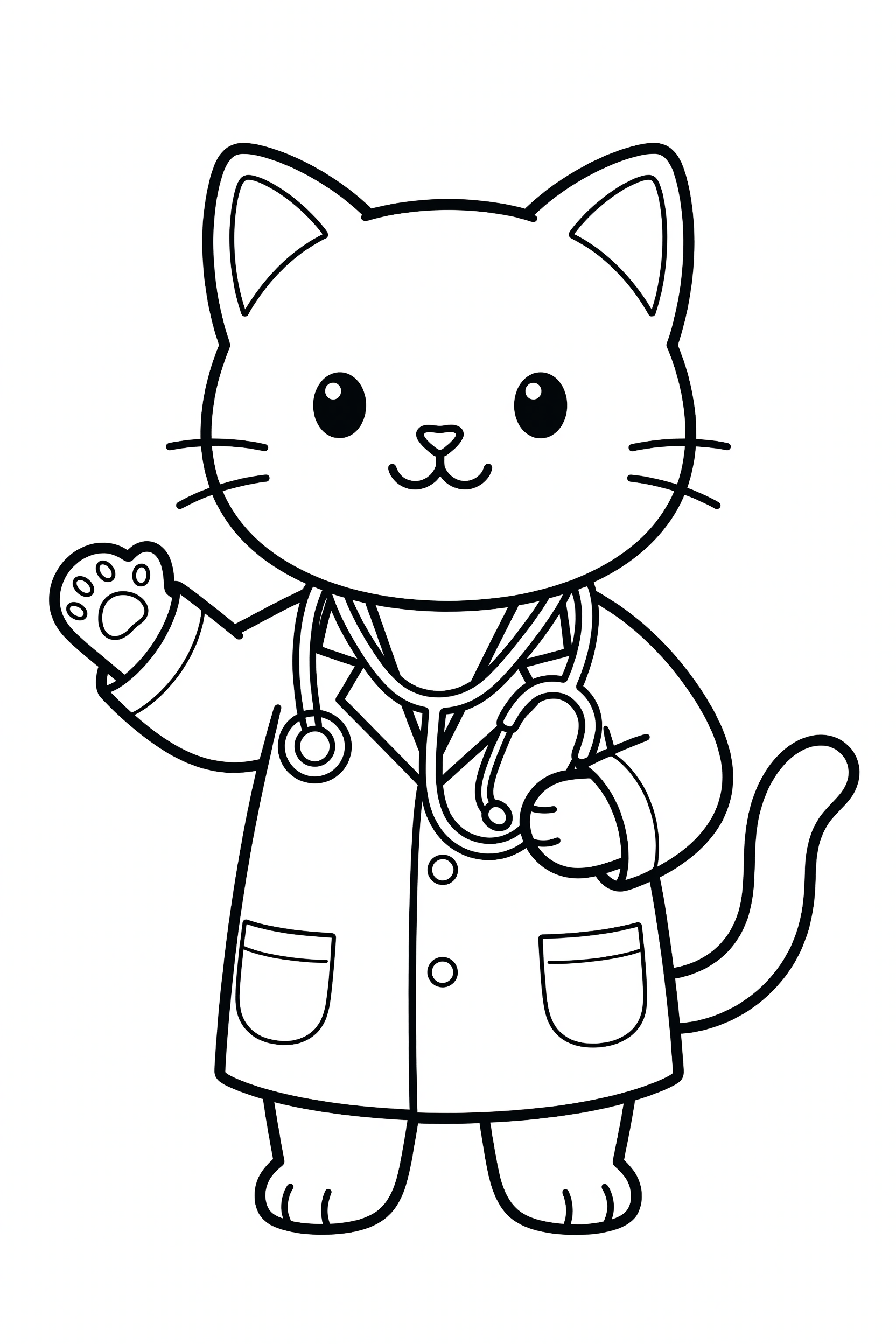 Cat Dressed as a Doctor with a Stethoscope Coloring Page printable coloring page for kids