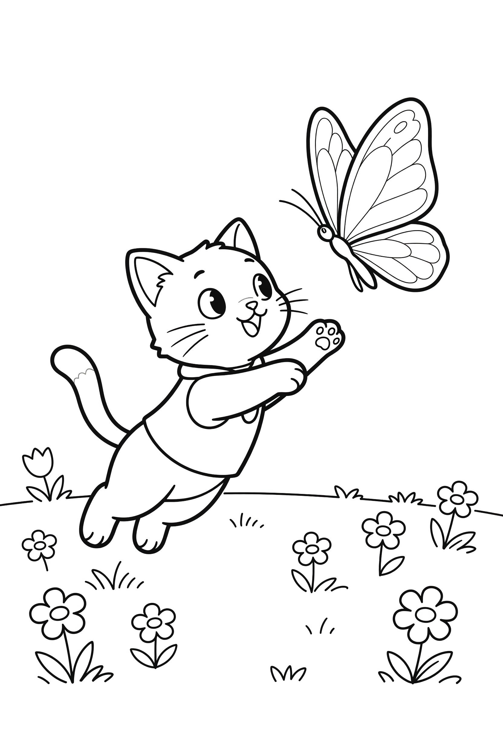 Cat Chasing a Butterfly Through a Meadow Coloring Page printable coloring page for kids