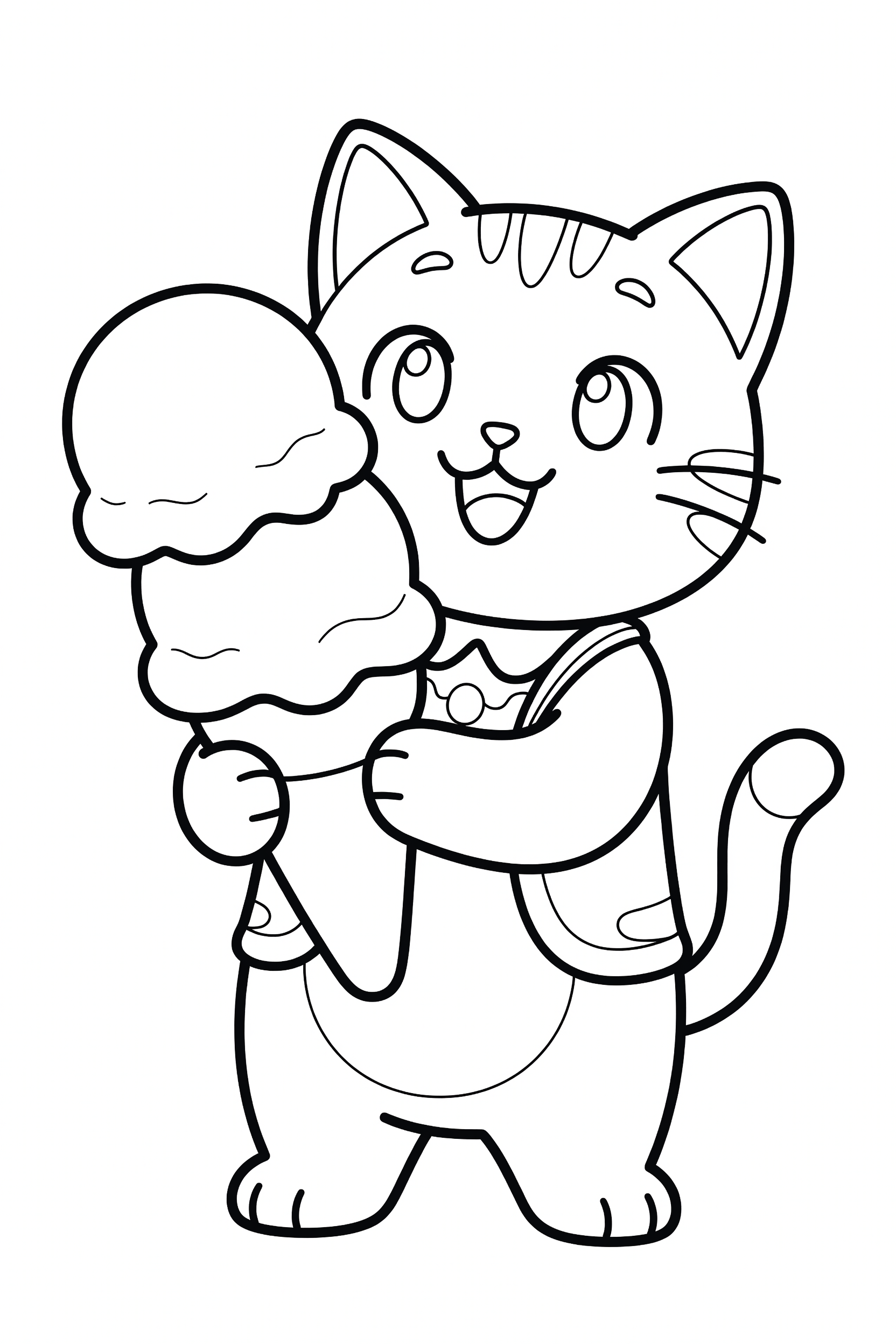 Cat Holding a Big Ice Cream Cone Coloring Page printable coloring page for kids