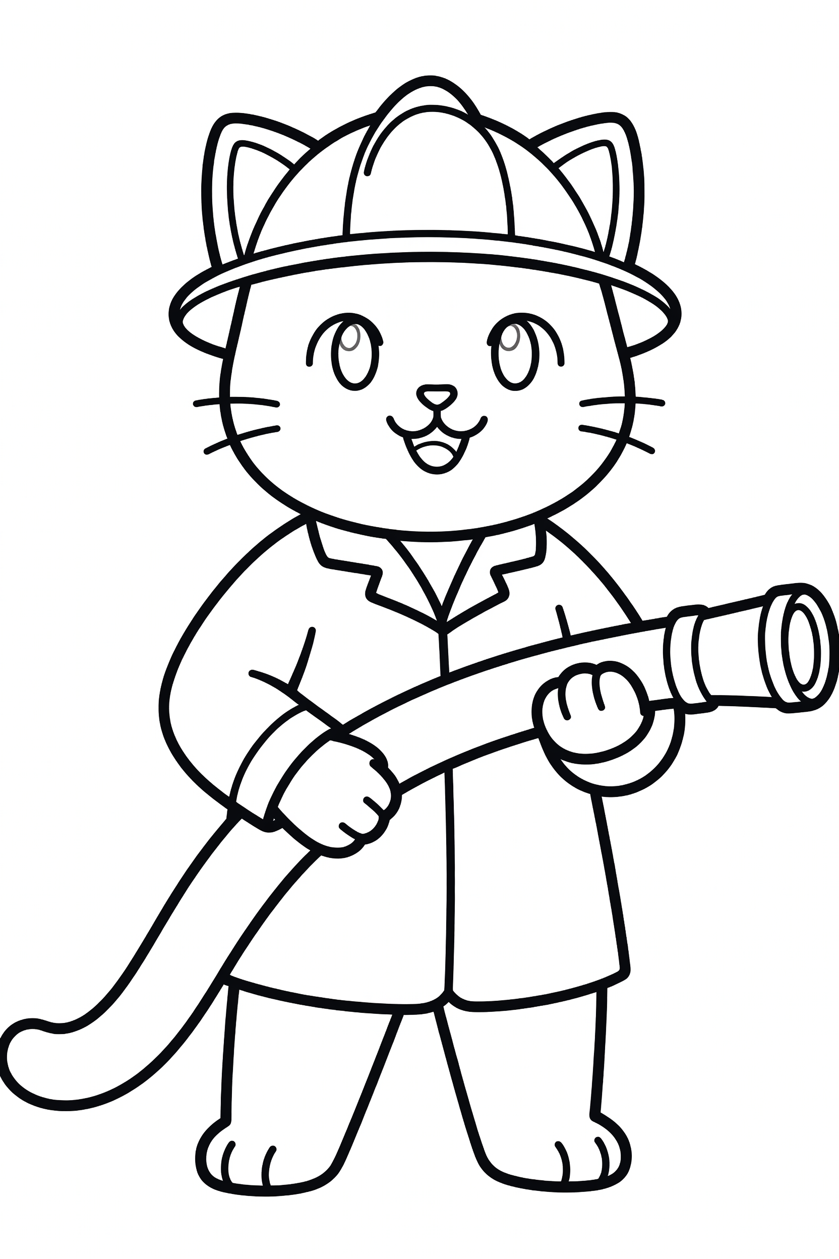 Cat Dressed as a Firefighter Holding a Hose Coloring Page printable coloring page for kids