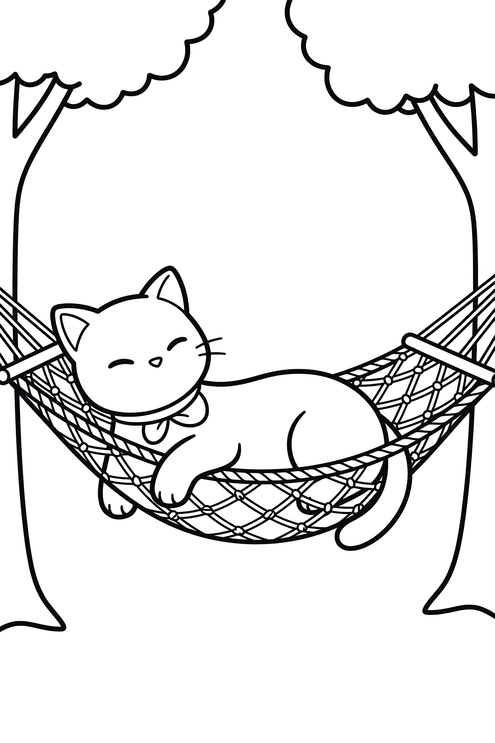 Cat Napping in a Hammock Between Two Trees Coloring Page printable coloring page for kids