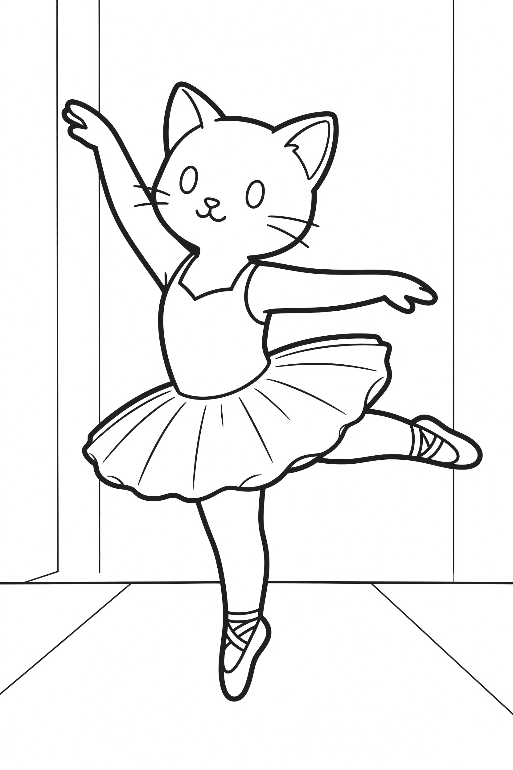 Cat Dressed as a Ballerina Dancing on Stage Coloring Page printable coloring page for kids