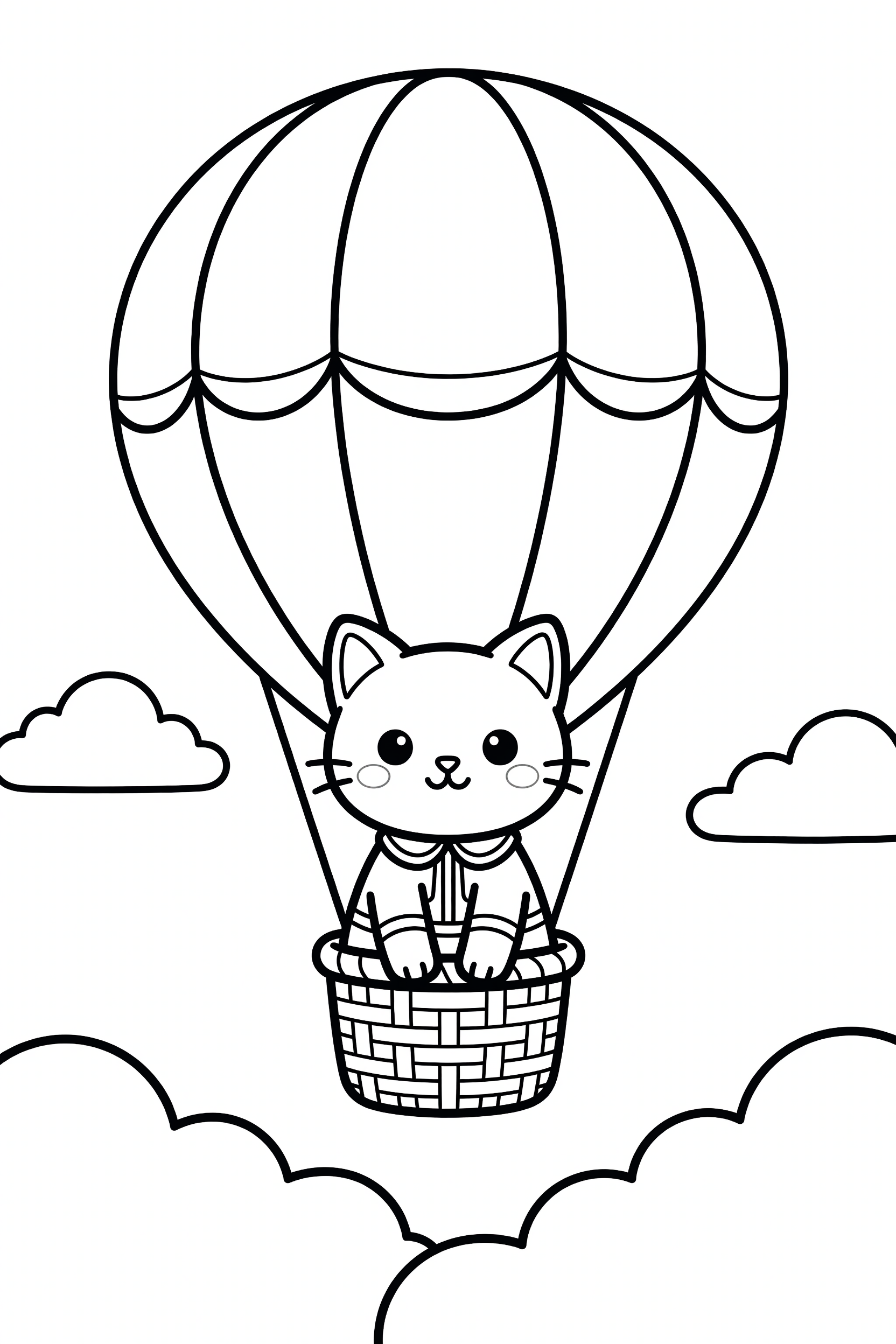 Cat Riding a Hot Air Balloon Over the Clouds Coloring Page printable coloring page for kids