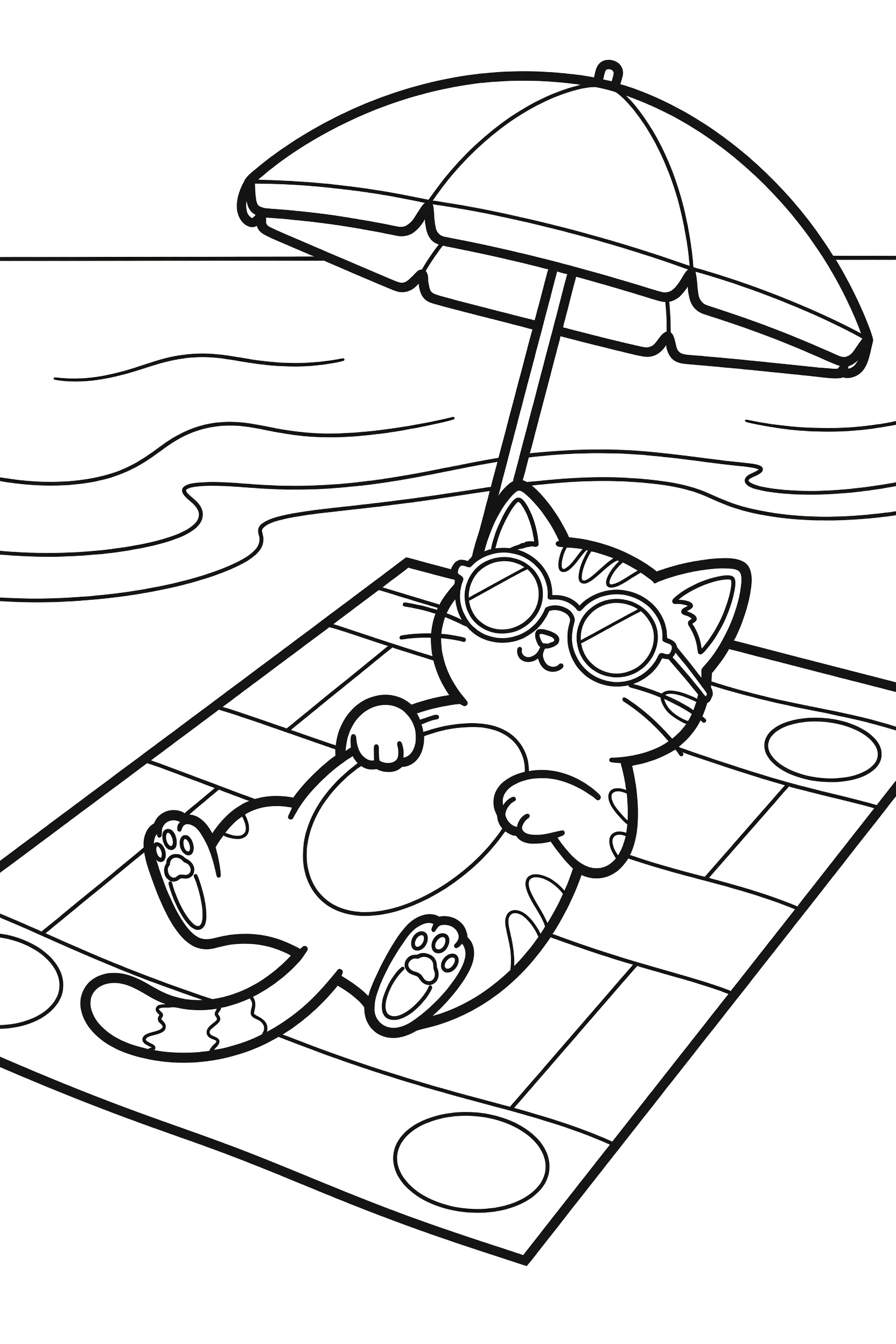 Cat Wearing Sunglasses at the Beach Coloring Page printable coloring page for kids