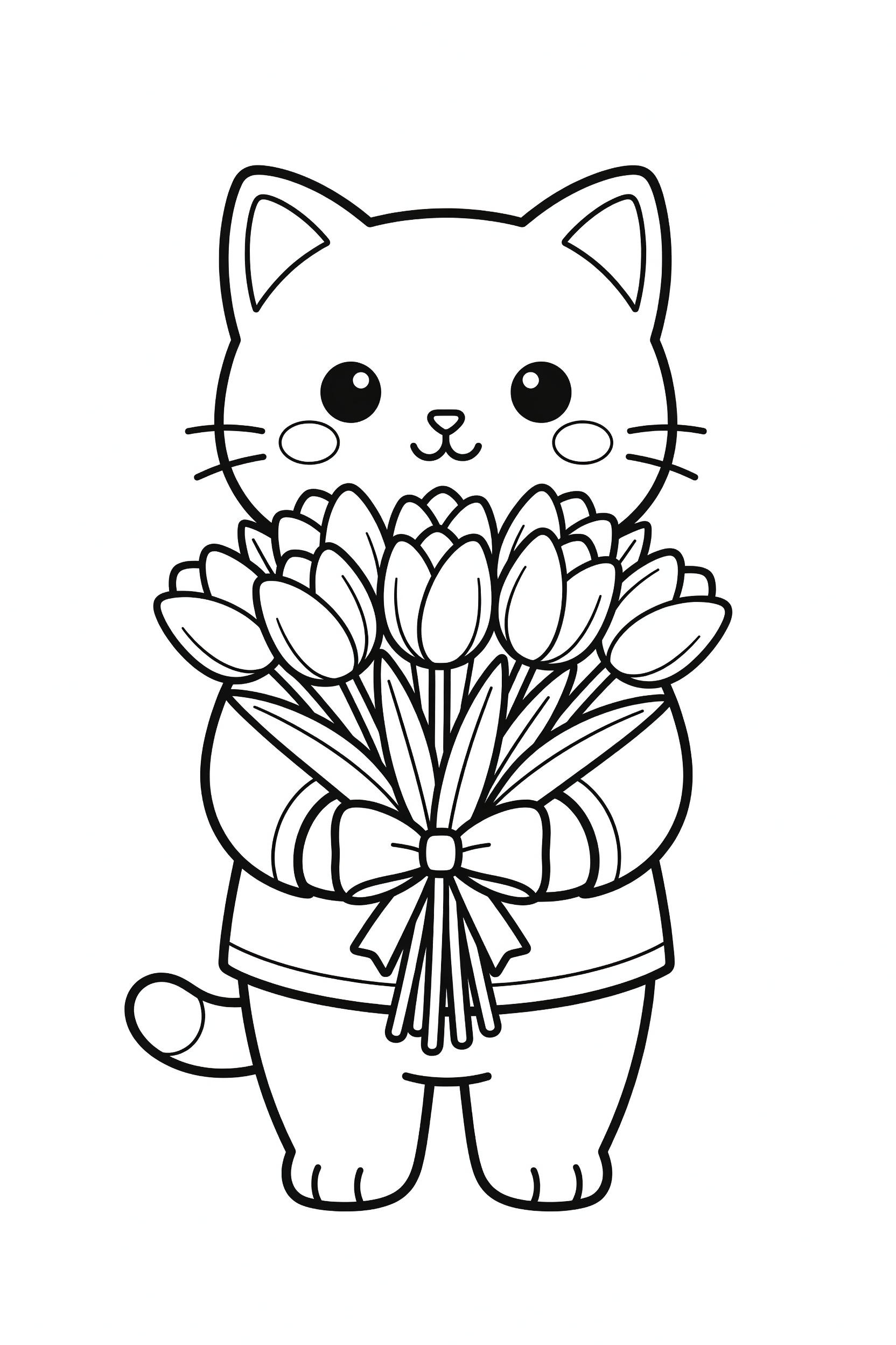 Cat Holding a Bouquet of Tulips Coloring Page printable coloring page for kids