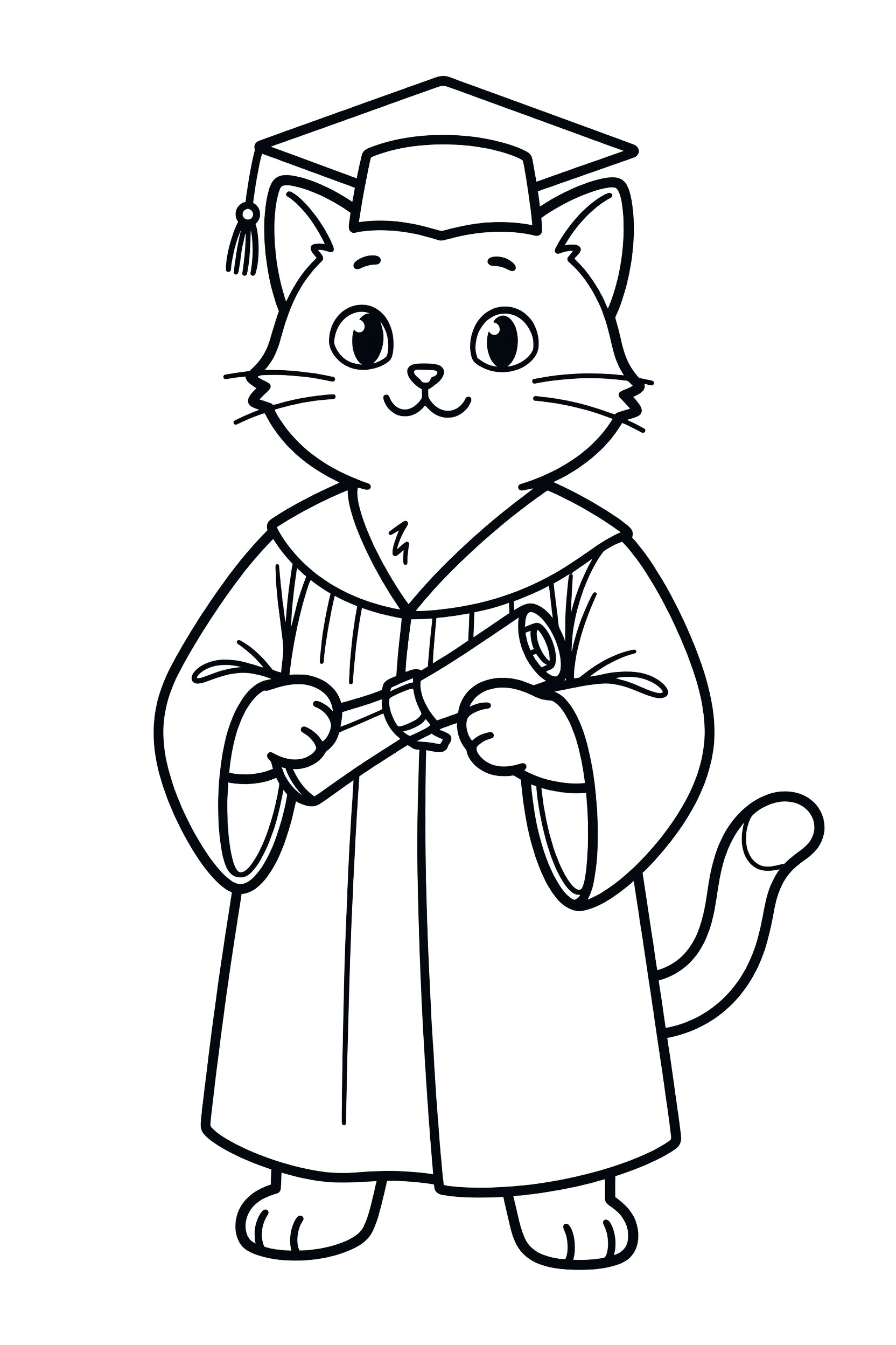 Cat Wearing a Graduation Cap and Holding a Diploma Coloring Page printable coloring page for kids