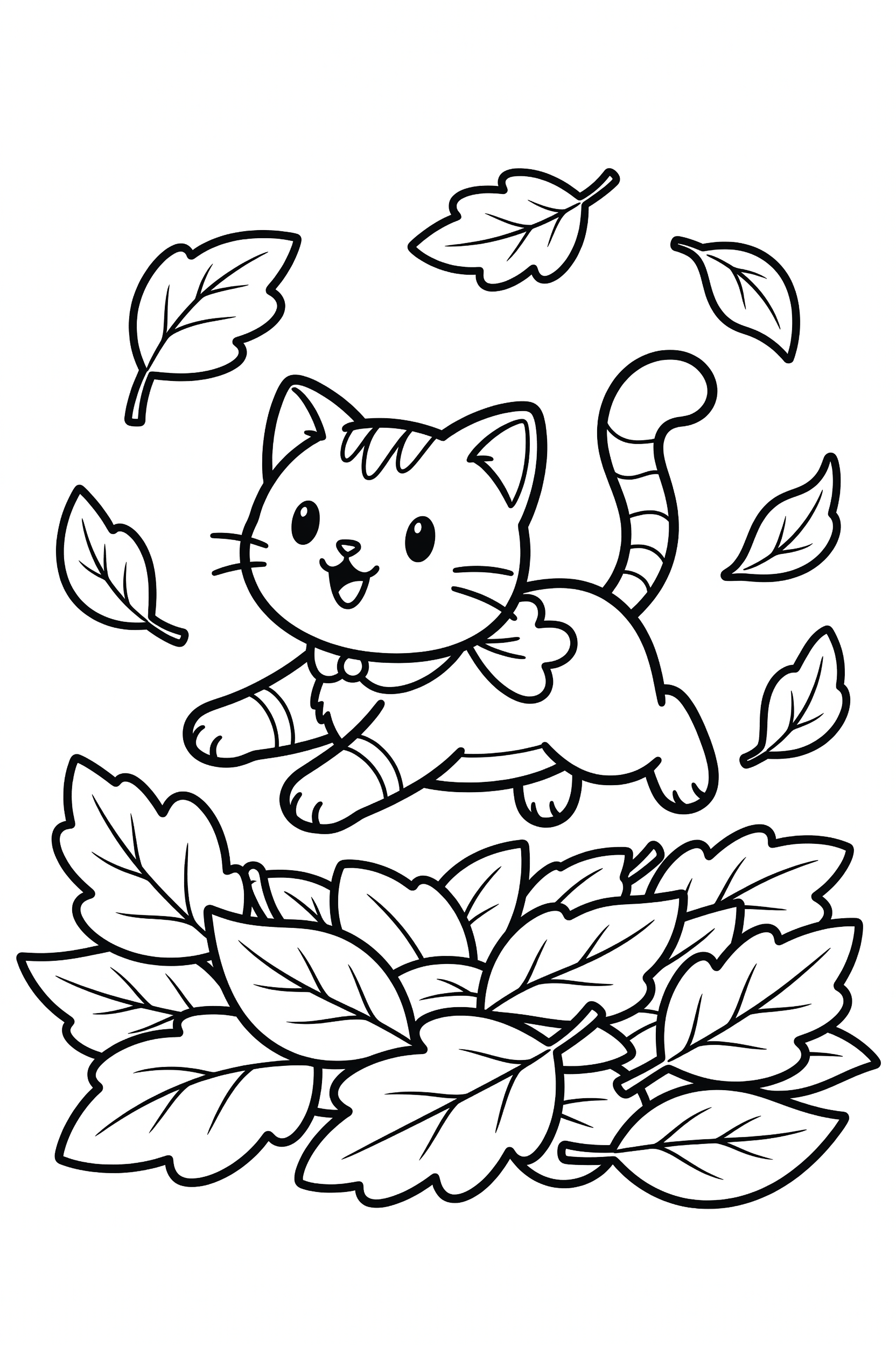 Cat Jumping Through Autumn Leaves in the Park Coloring Page printable coloring page for kids