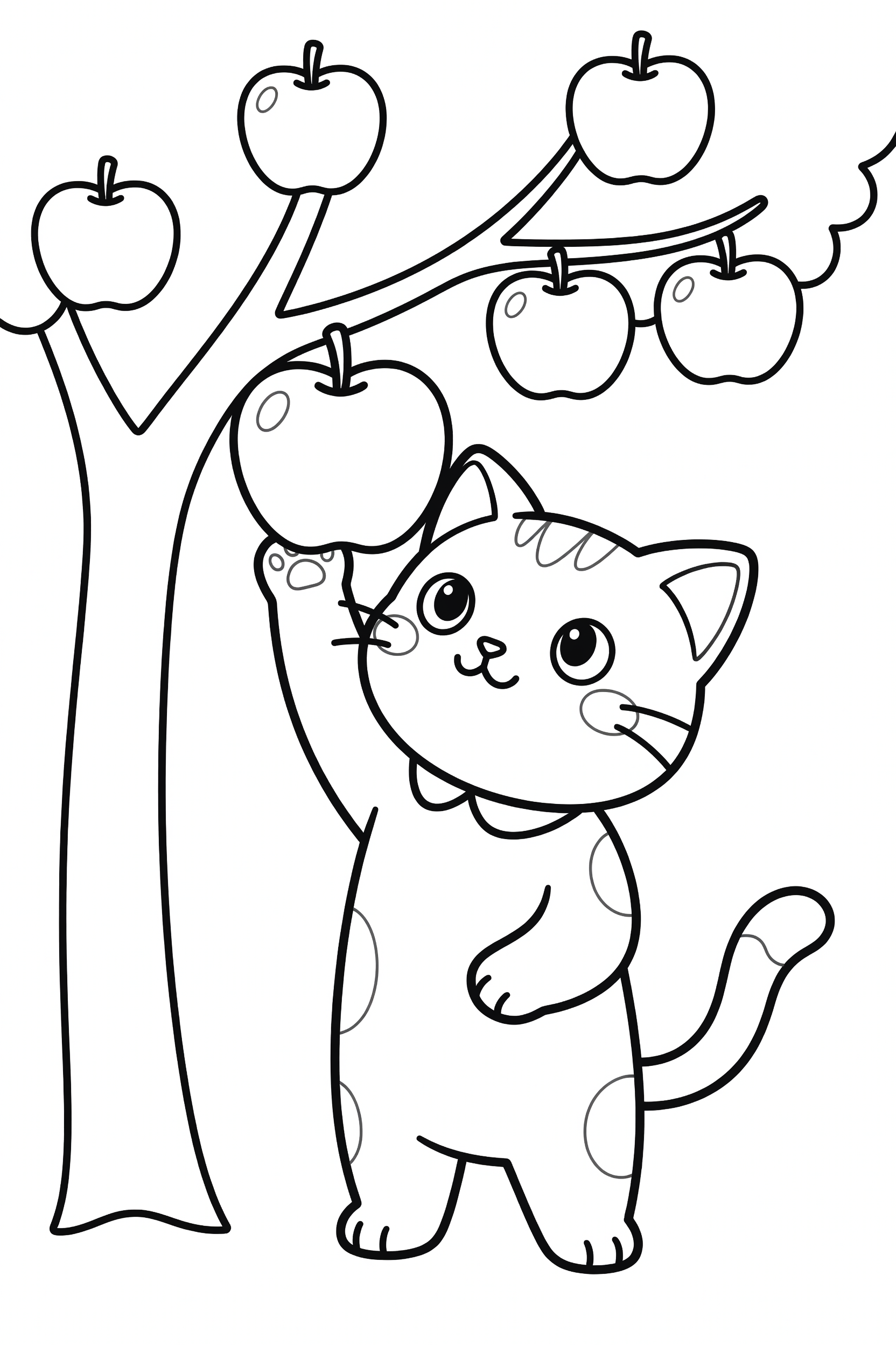 Cat Picking Apples from an Apple Tree Coloring Page printable coloring page for kids