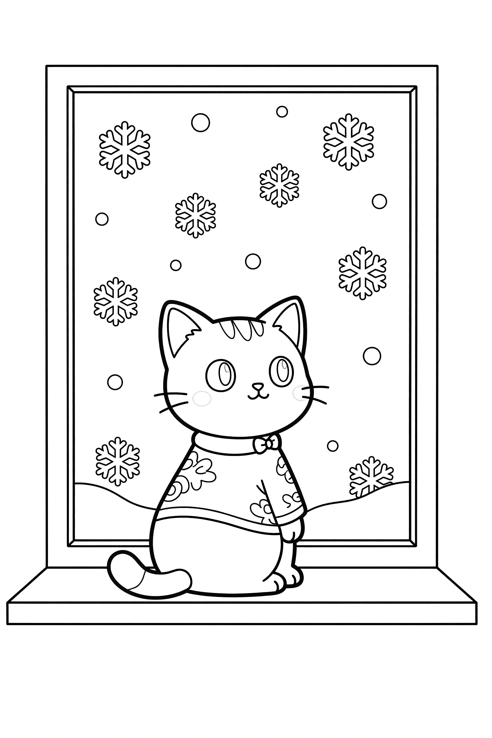 Cat Sitting in a Cozy Window Watching Snow Fall Coloring Page printable coloring page for kids
