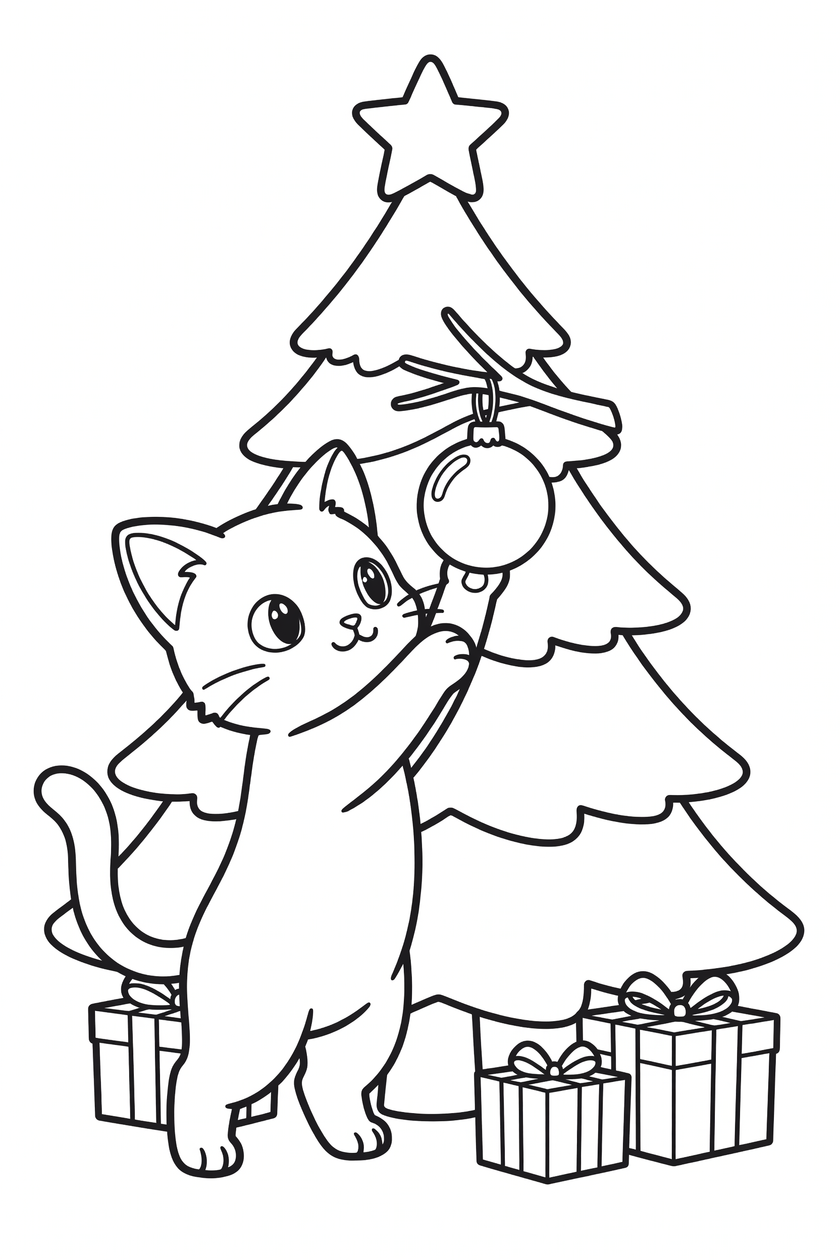 Cat Decorating a Christmas Tree Coloring Page printable coloring page for kids