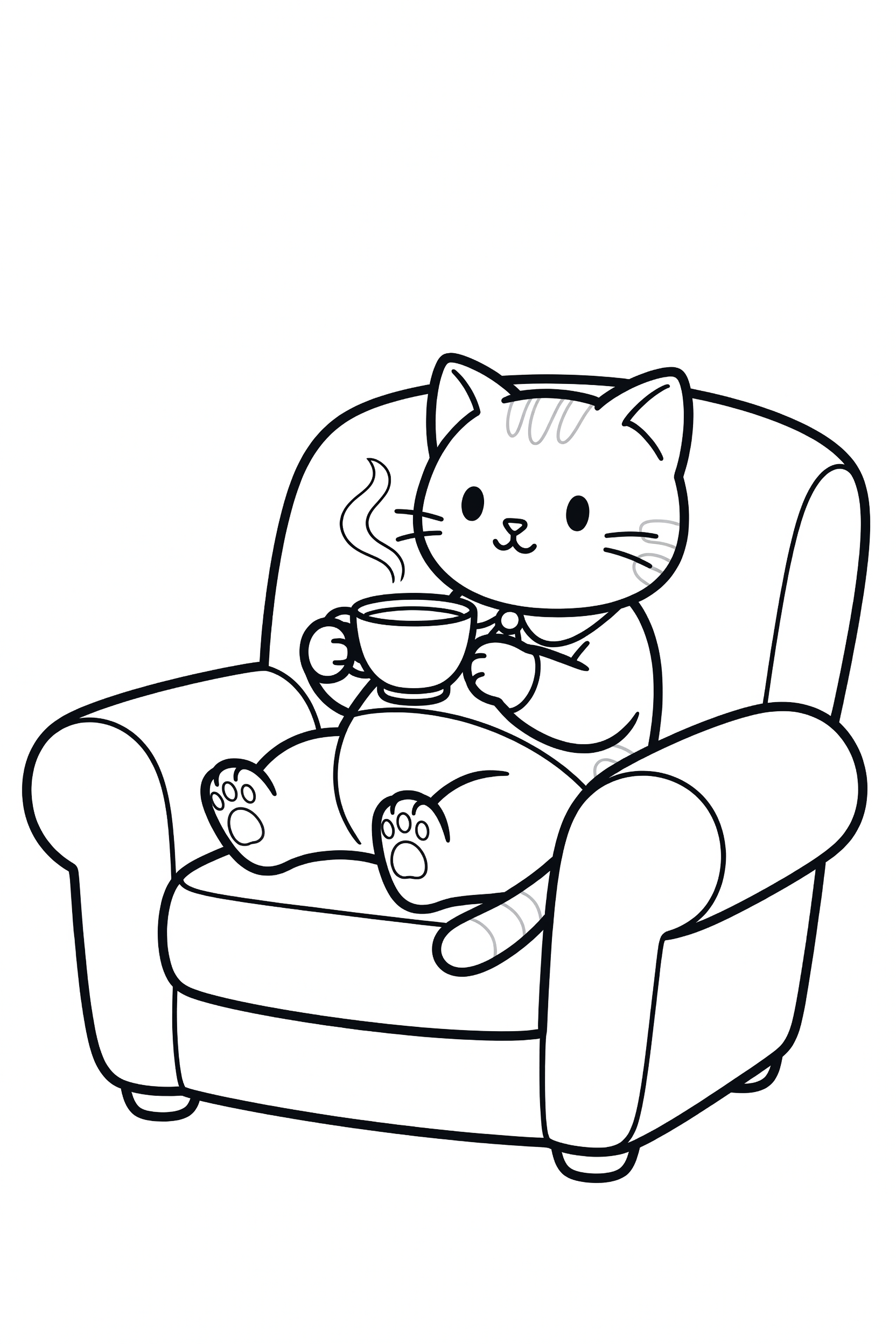 Cat Sitting in a Cozy Armchair with a Cup of Tea Coloring Page printable coloring page for kids