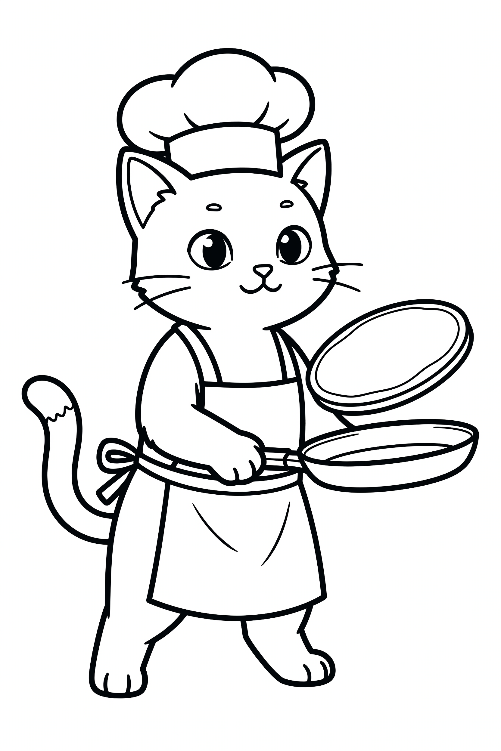 Cat Dressed as a Chef Flipping Pancakes Coloring Page printable coloring page for kids