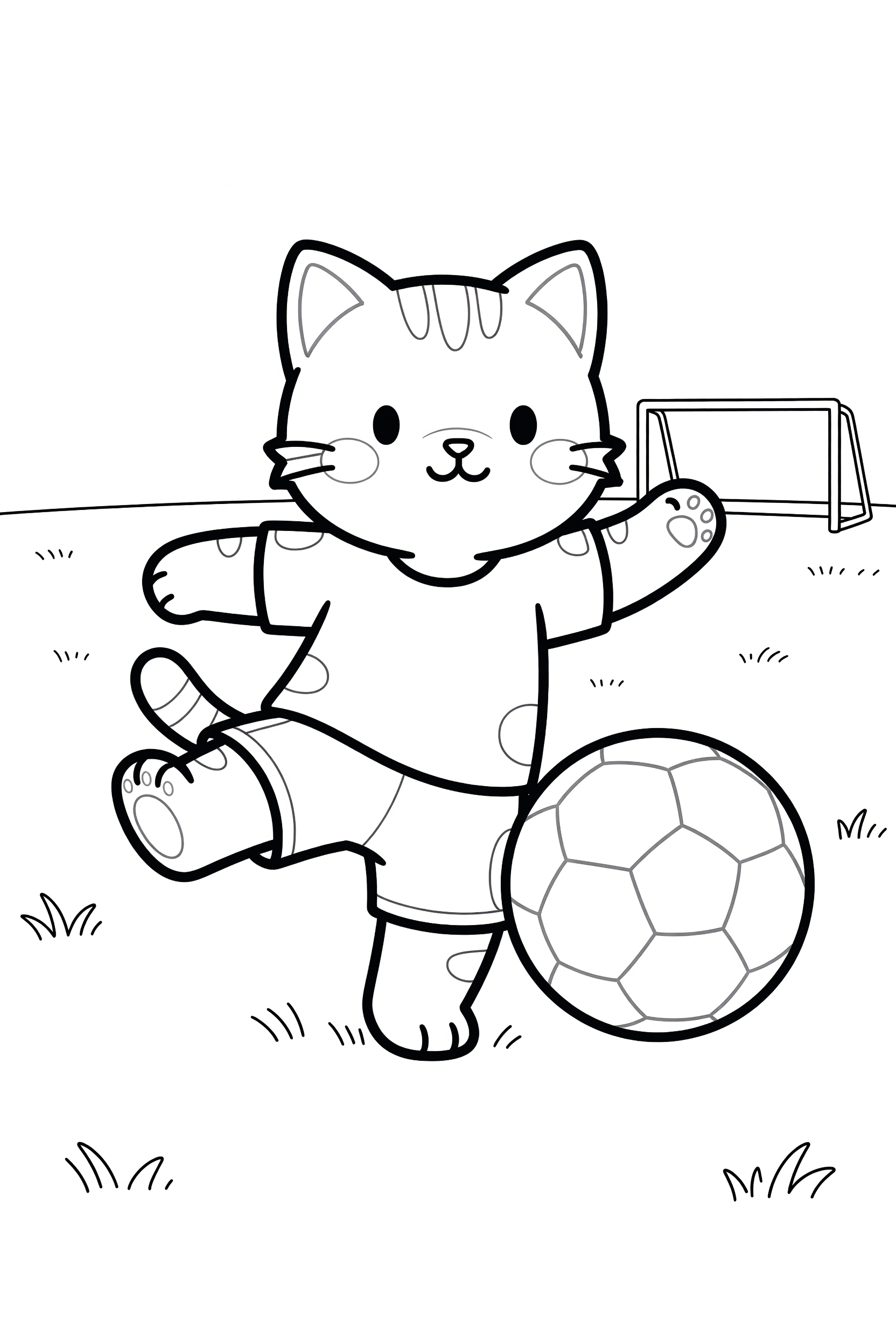 Cat Playing Soccer on a Grassy Field Coloring Page printable coloring page for kids
