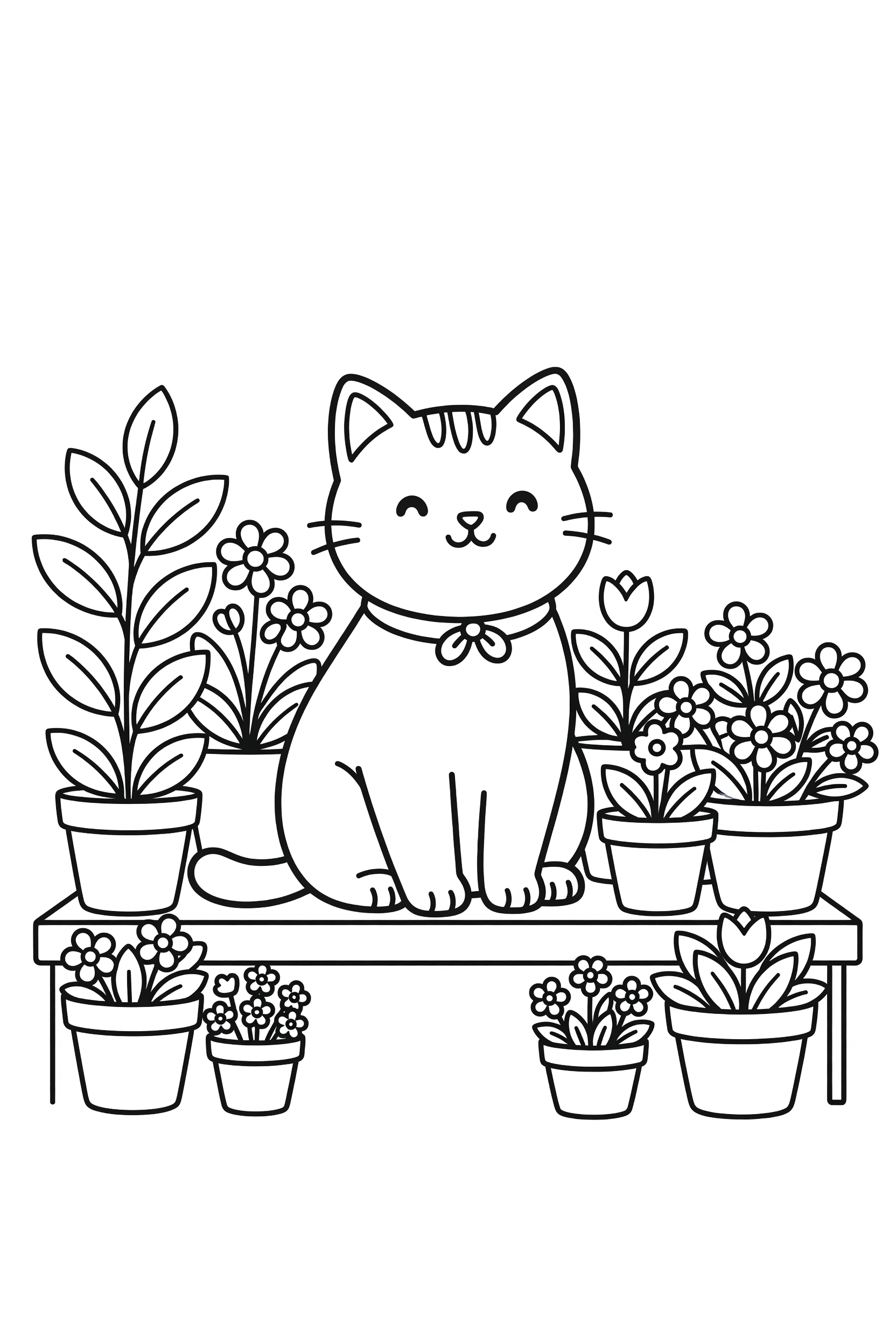 Cat Sitting Among Potted Plants on a Balcony Coloring Page printable coloring page for kids