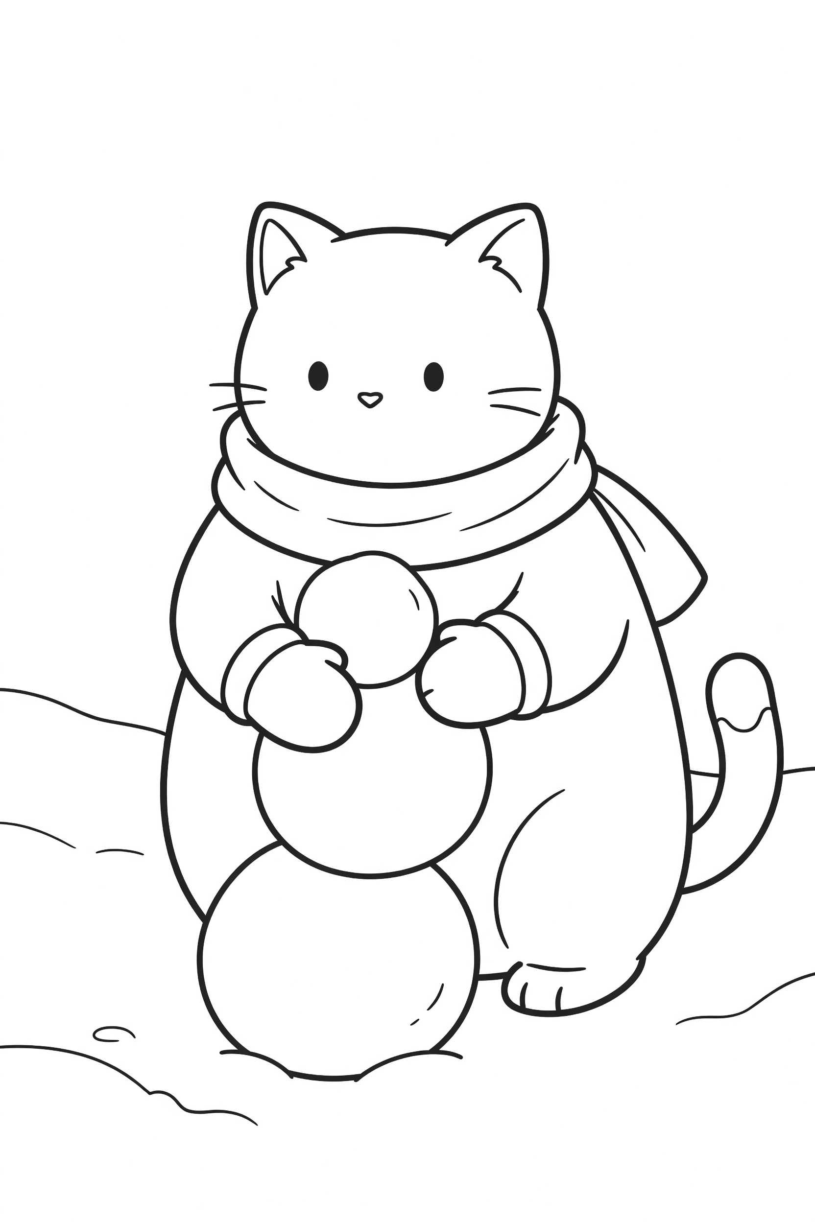 Cat Wearing a Scarf and Mittens Building a Snowman Coloring Page printable coloring page for kids