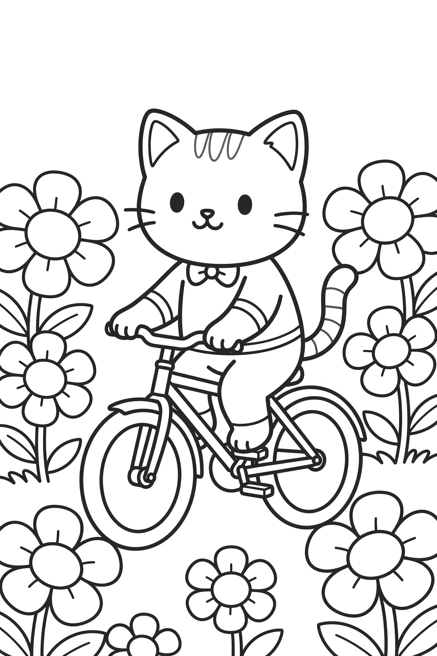 Cat Riding a Bicycle Through a Flower Field Coloring Page printable coloring page for kids