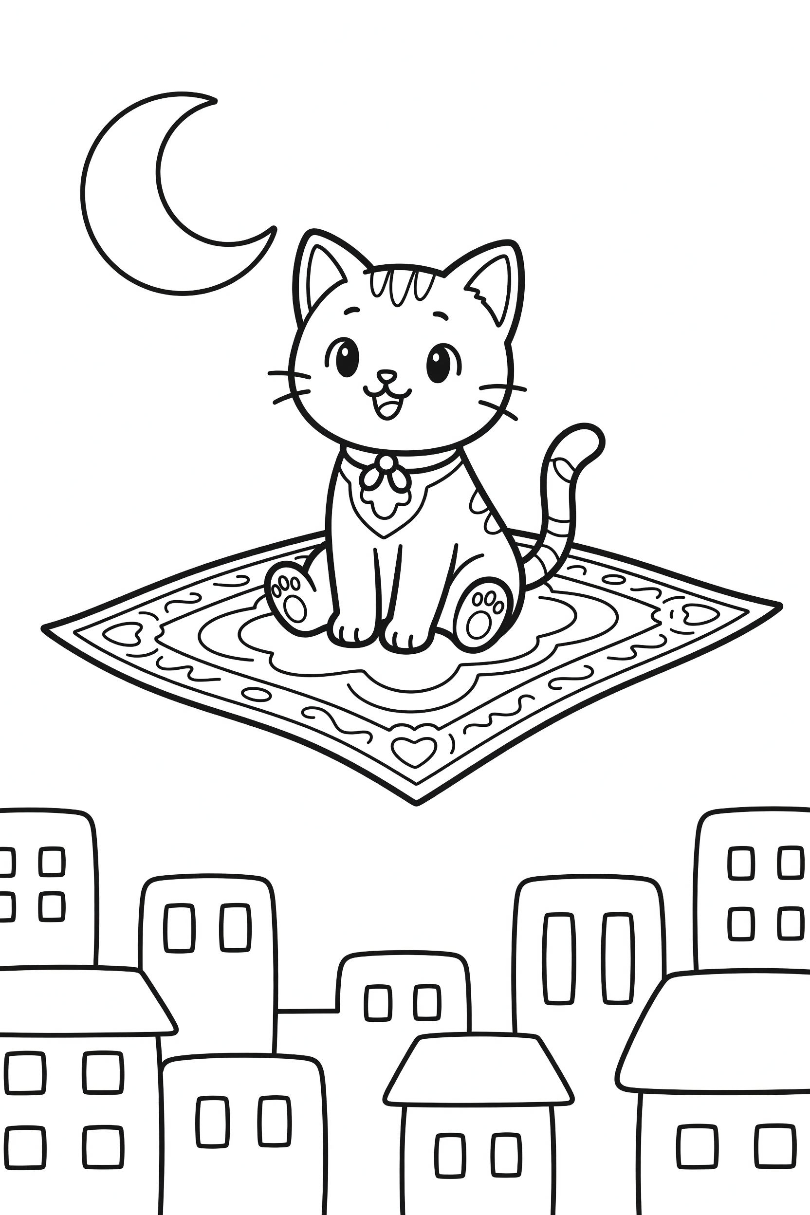 Cat Sitting on a Magic Carpet Flying Over a City Coloring Page printable coloring page for kids