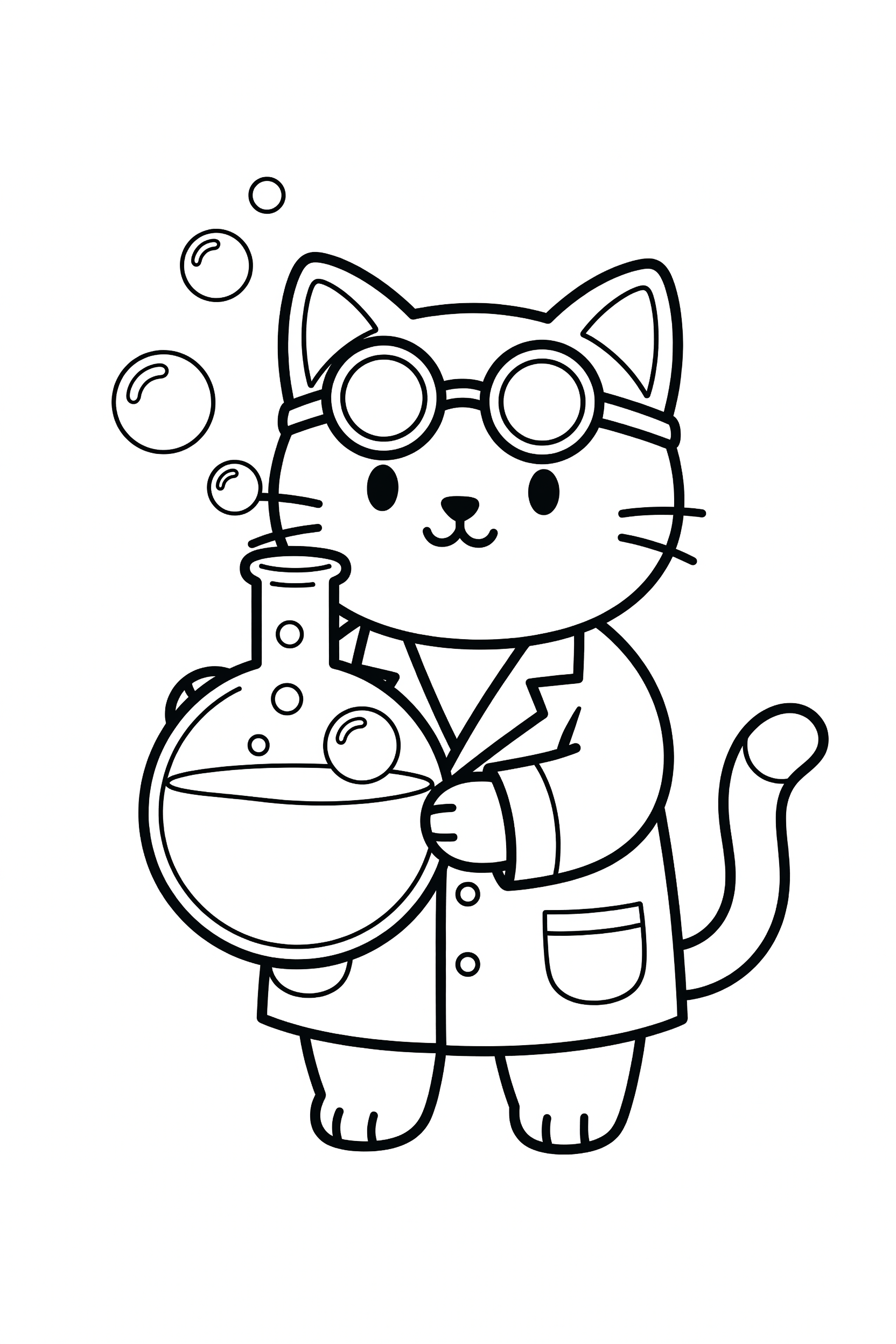 Cat Dressed as a Scientist with Goggles and a Beaker Coloring Page printable coloring page for kids