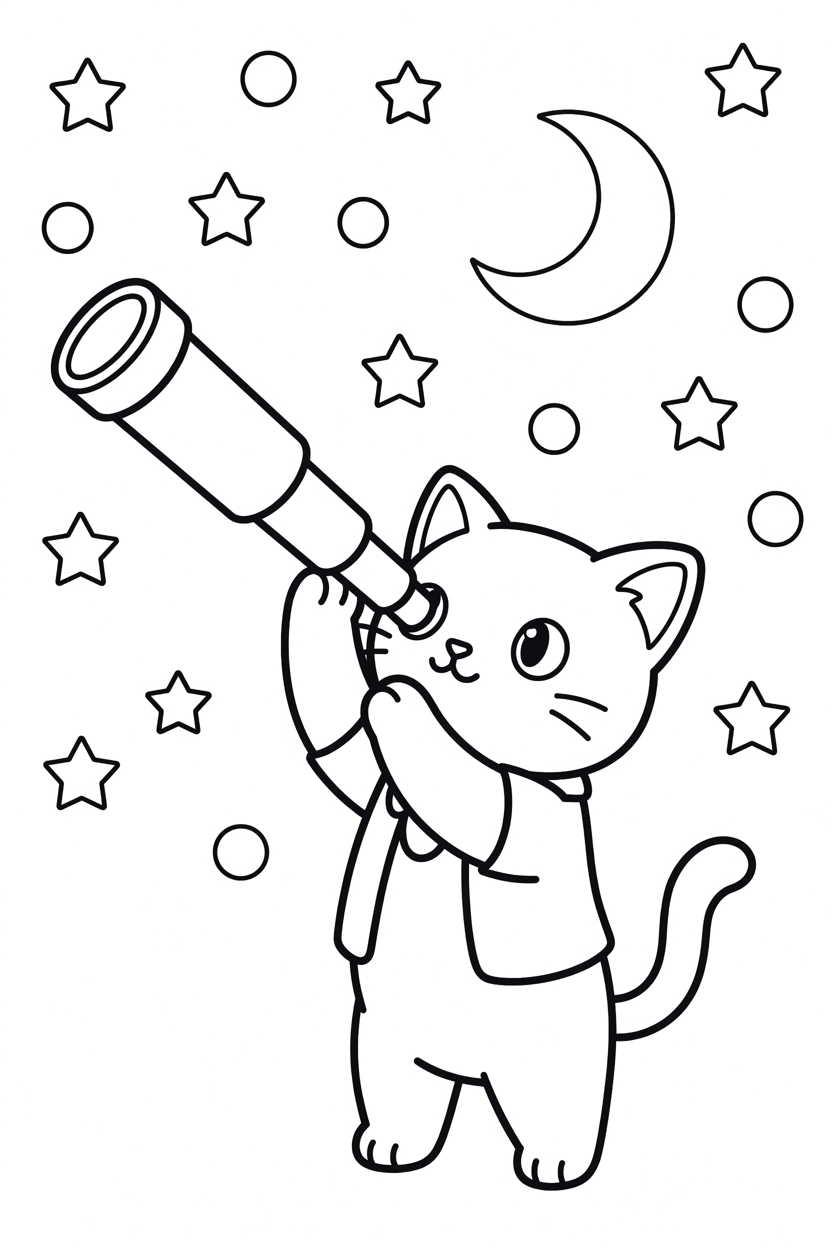 Cat Watching Stars Through a Telescope at Night Coloring Page printable coloring page for kids