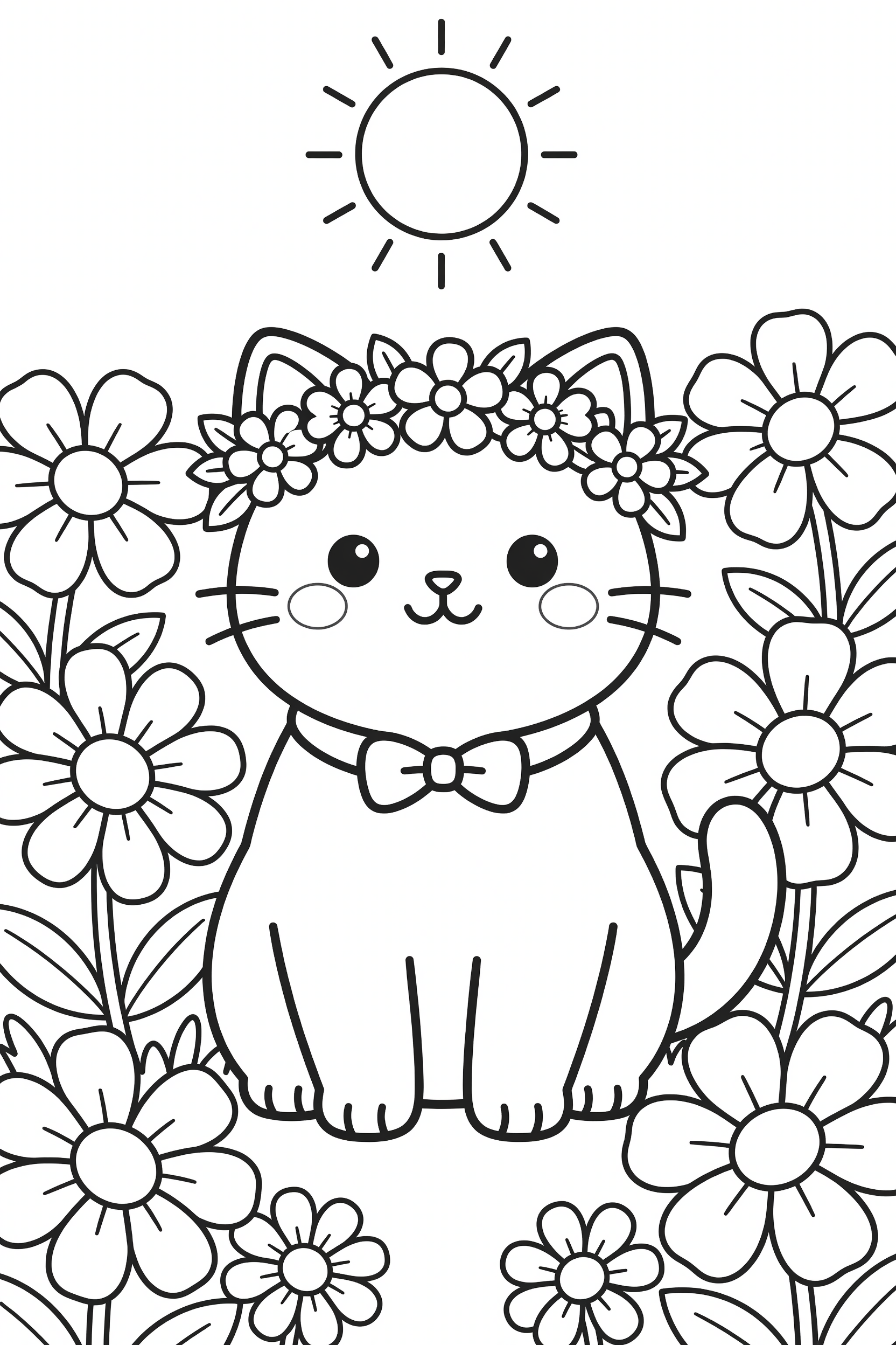 Cat Wearing a Flower Crown Sitting in a Sunny Garden Coloring Page printable coloring page for kids
