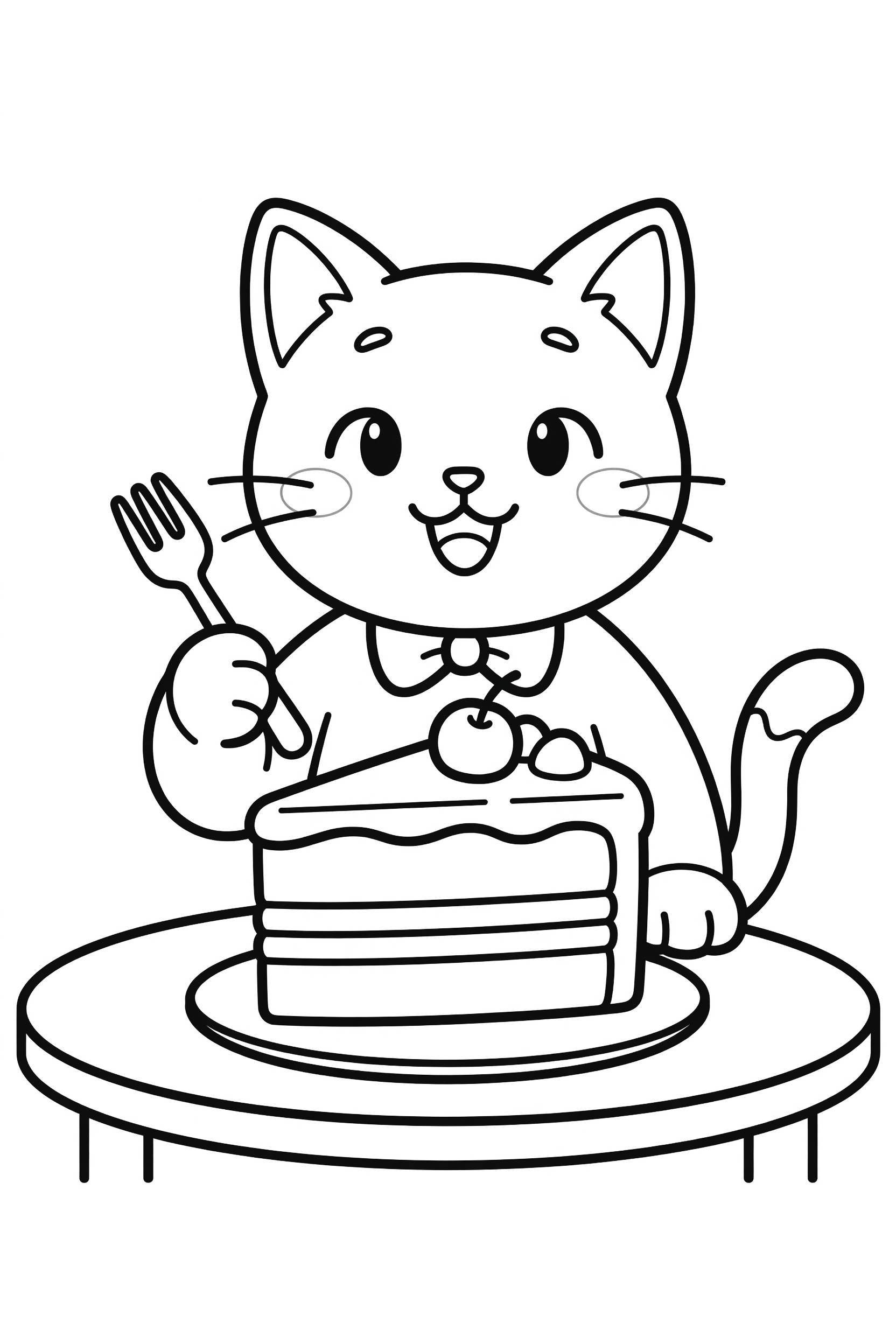 Cat Eating a Big Slice of Birthday Cake Coloring Page printable coloring page for kids