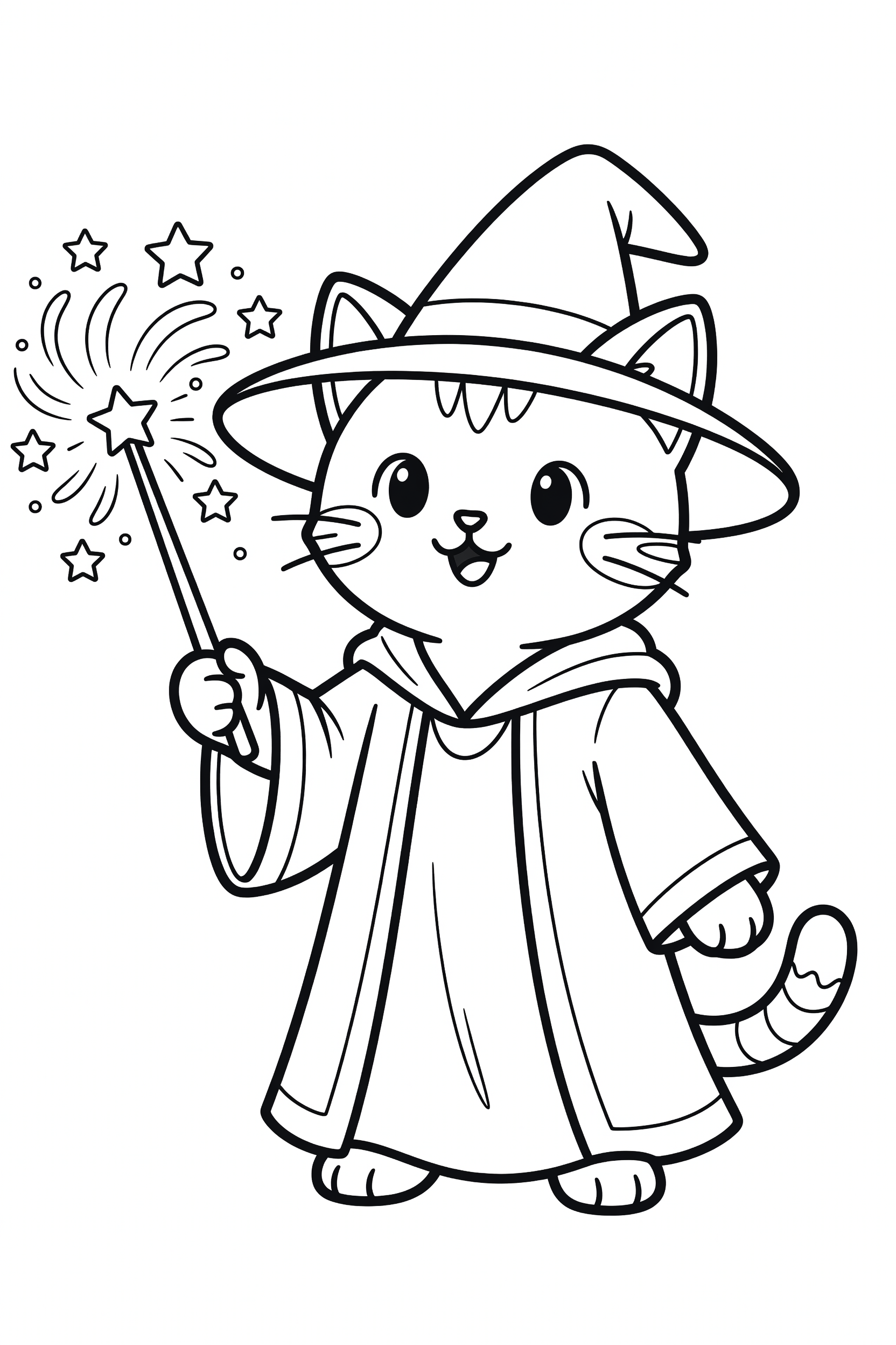 Cat Dressed as a Wizard Casting a Spell Coloring Page printable coloring page for kids