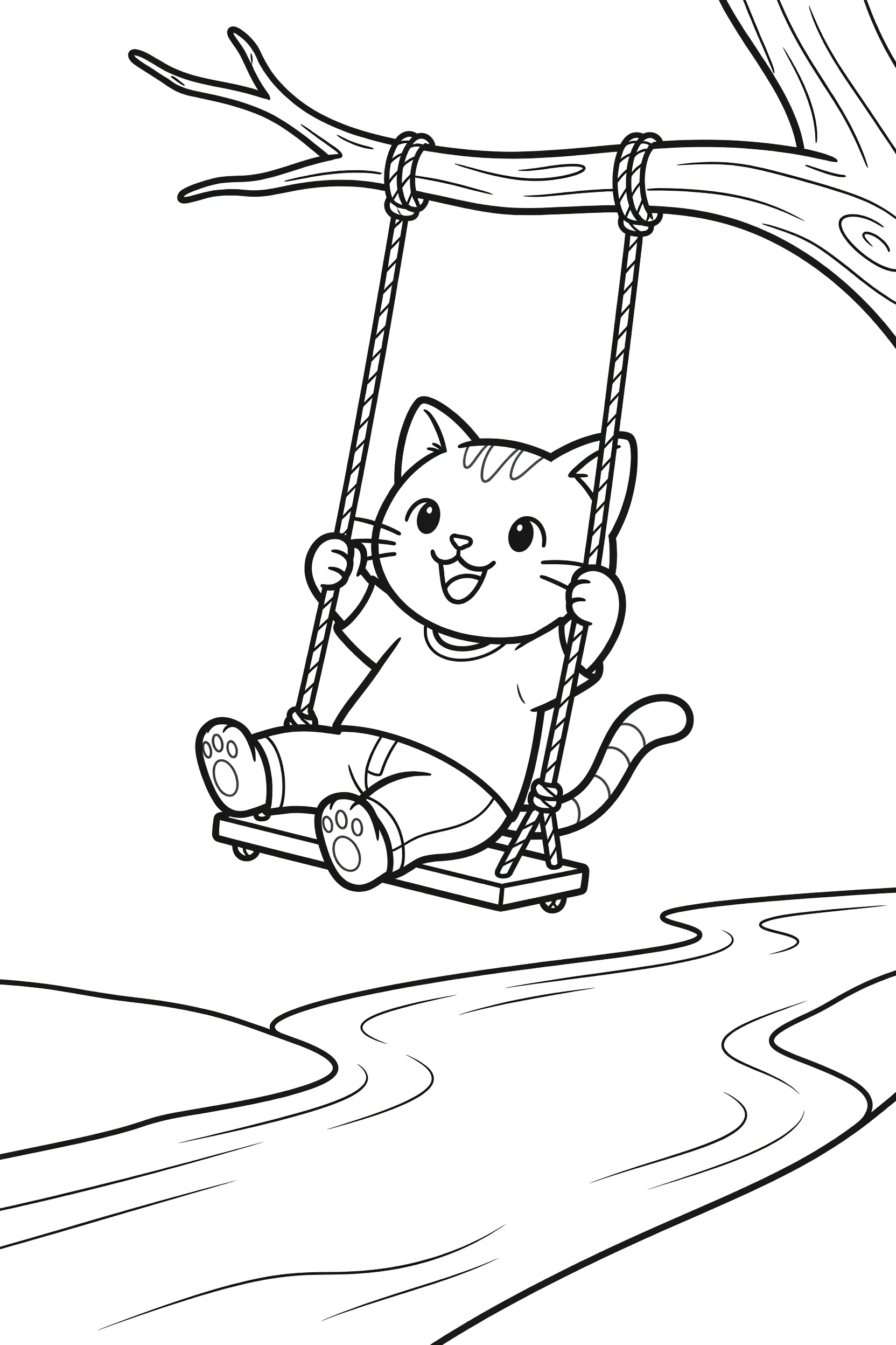 Cat Swinging on a Rope Swing Over a River Coloring Page printable coloring page for kids