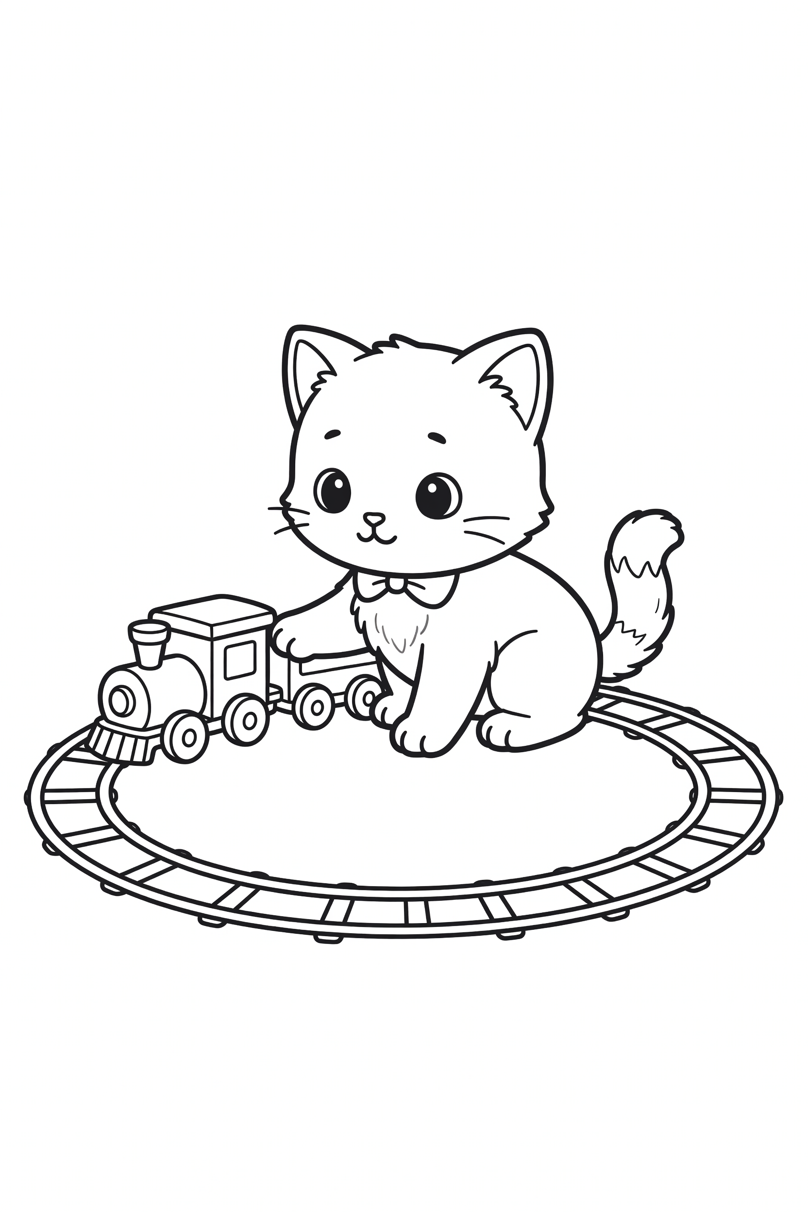 Cat Playing with a Toy Train Set on the Floor Coloring Page printable coloring page for kids