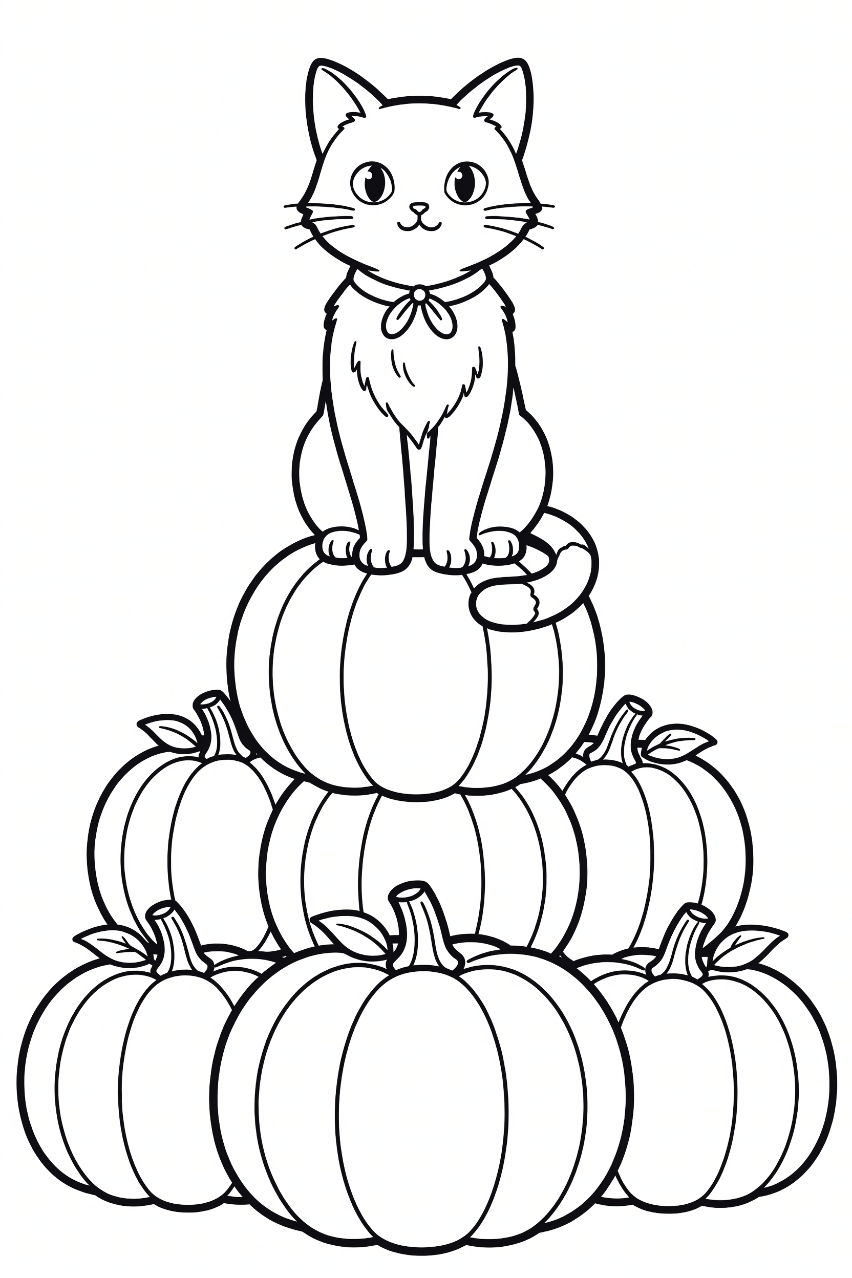 Cat Sitting on Top of a Pile of Pumpkins Coloring Page printable coloring page for kids