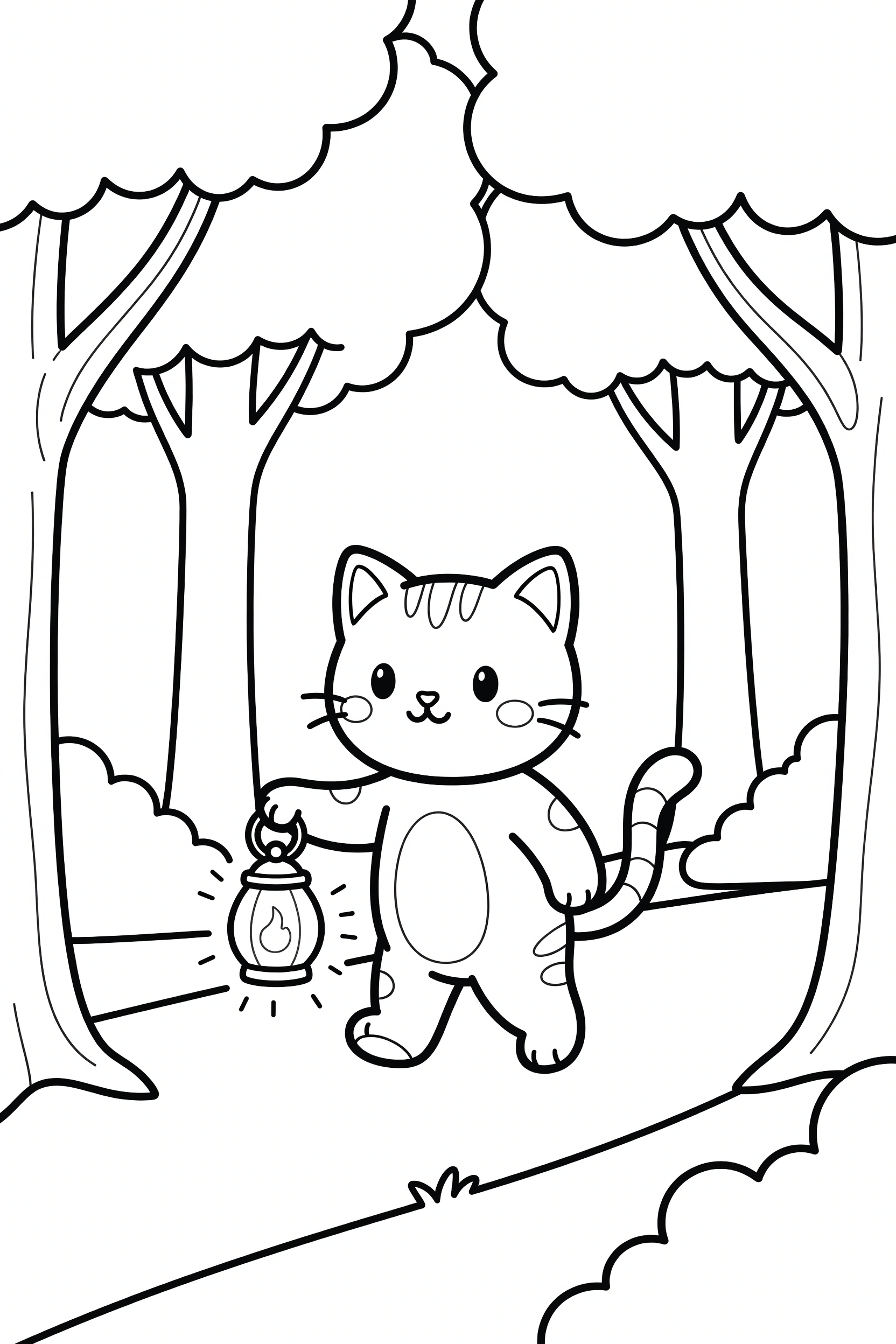 Cat Holding a Lantern While Walking Through the Forest Coloring Page printable coloring page for kids
