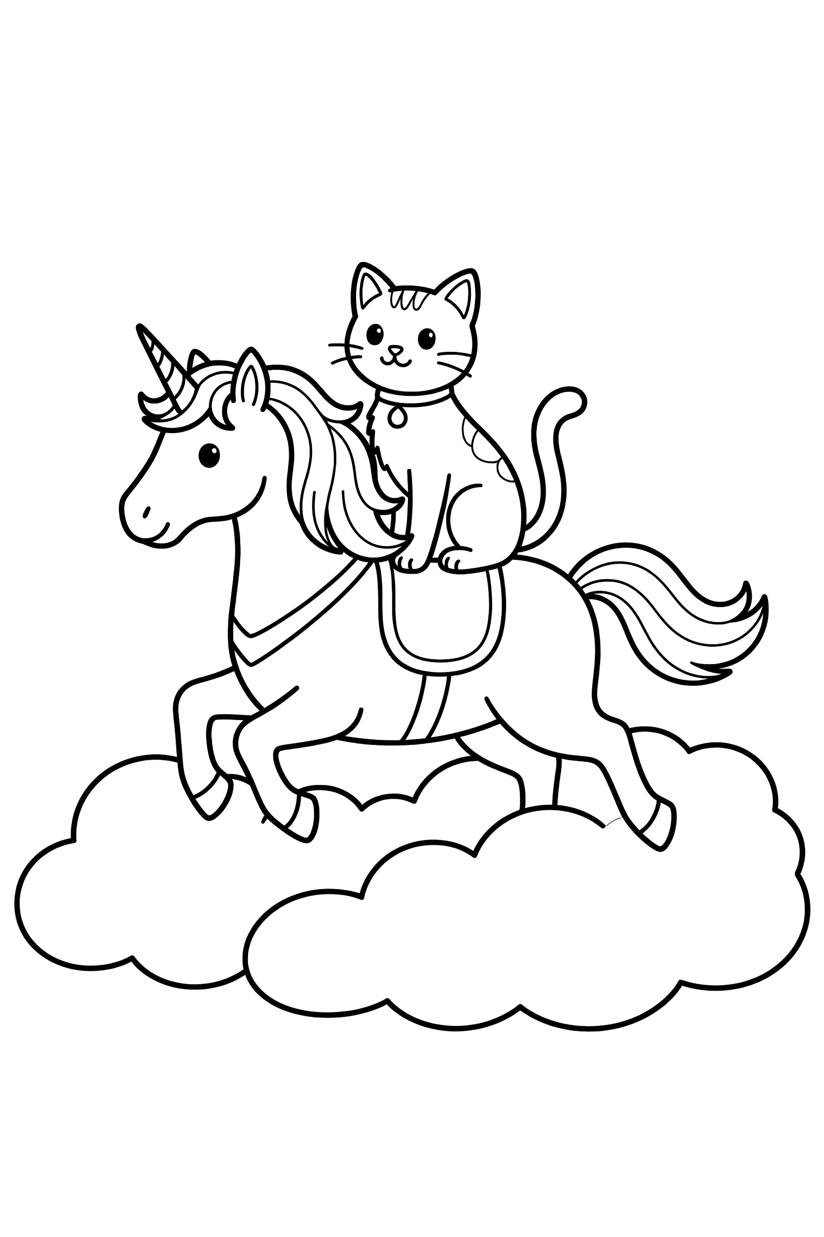 Cat Riding a Unicorn Through the Clouds Coloring Page printable coloring page for kids