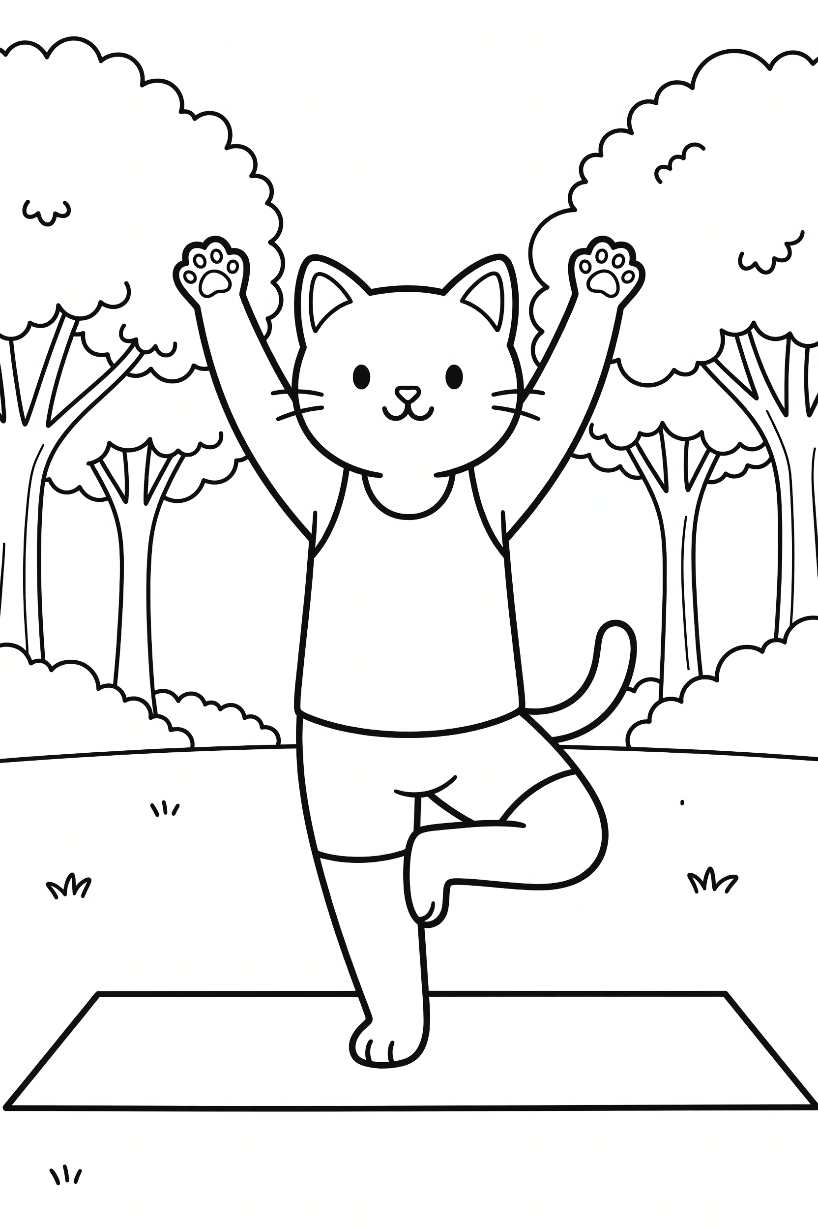 Cat Doing Yoga in a Park Coloring Page printable coloring page for kids