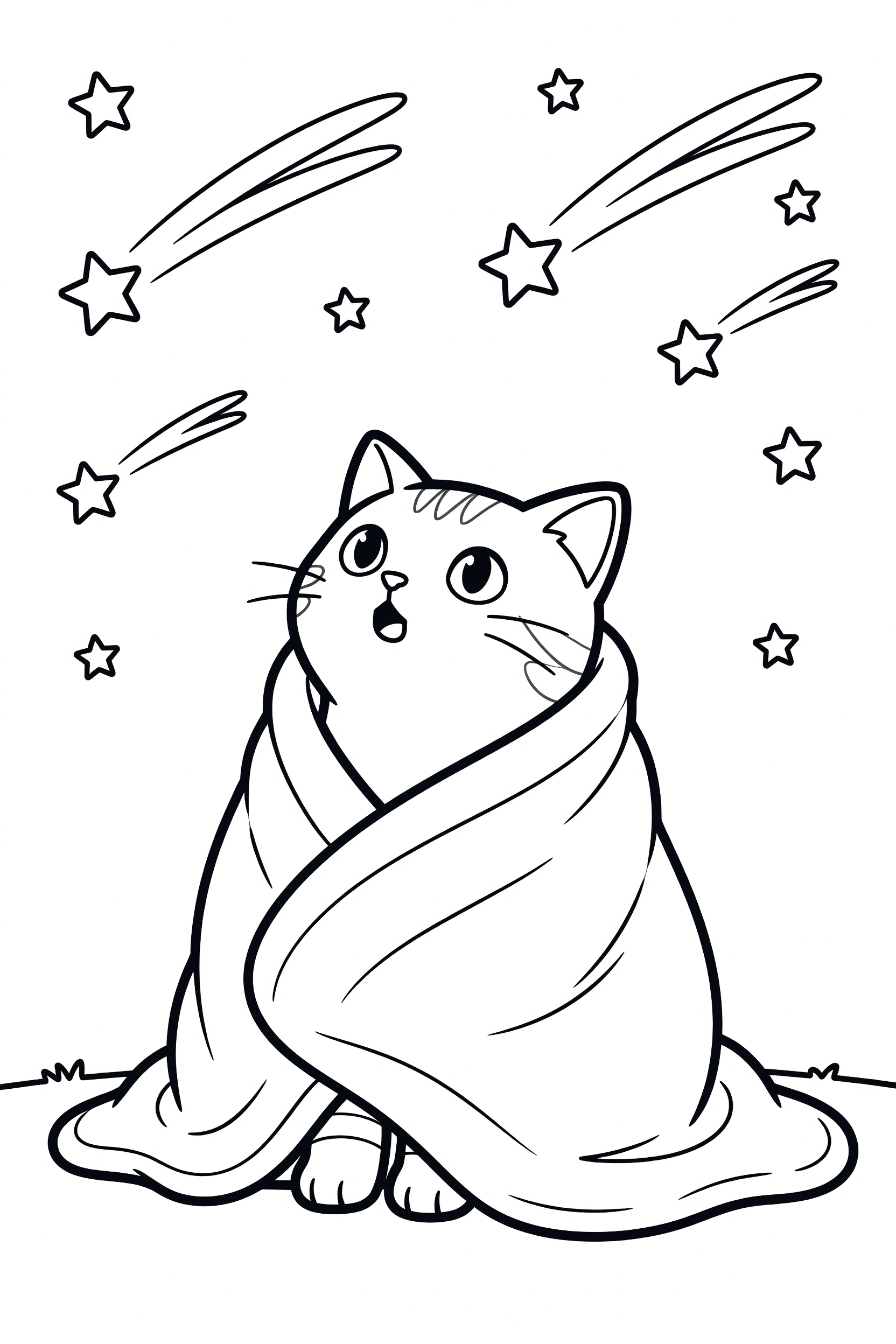 Cat Wrapped in a Cozy Blanket Watching Falling Stars Coloring Page printable coloring page for kids
