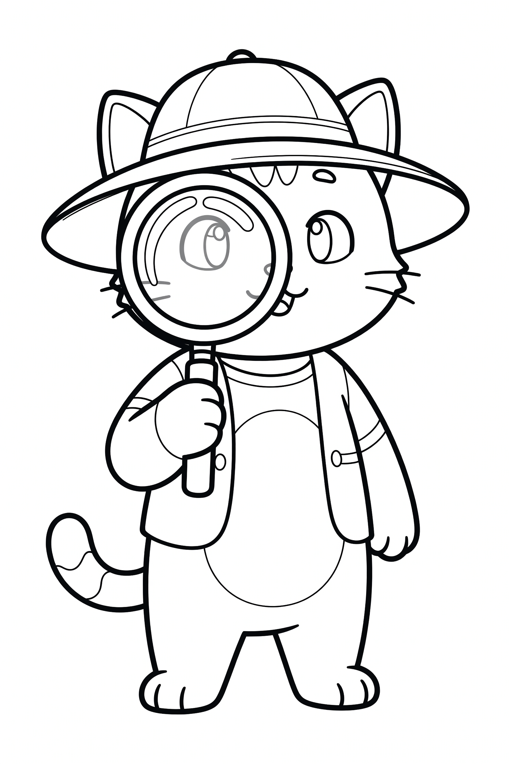 Cat Wearing an Explorer Hat with a Magnifying Glass Coloring Page printable coloring page for kids
