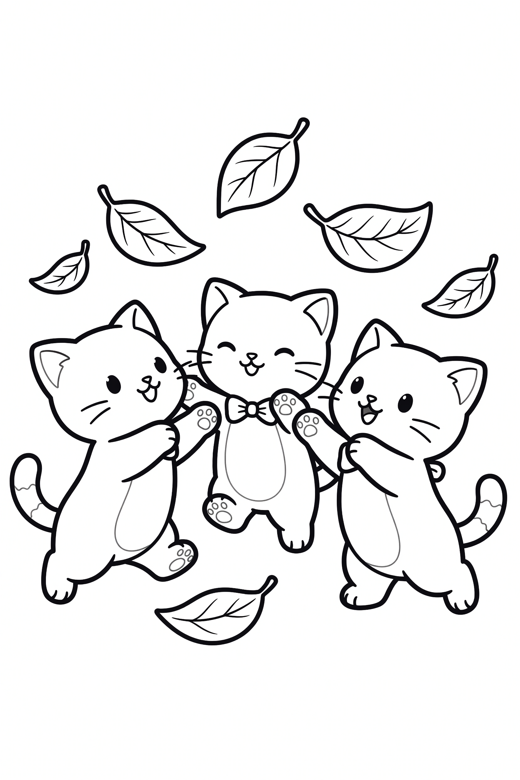 Three Kittens Playing with Autumn Leaves Together Coloring Page printable coloring page for kids